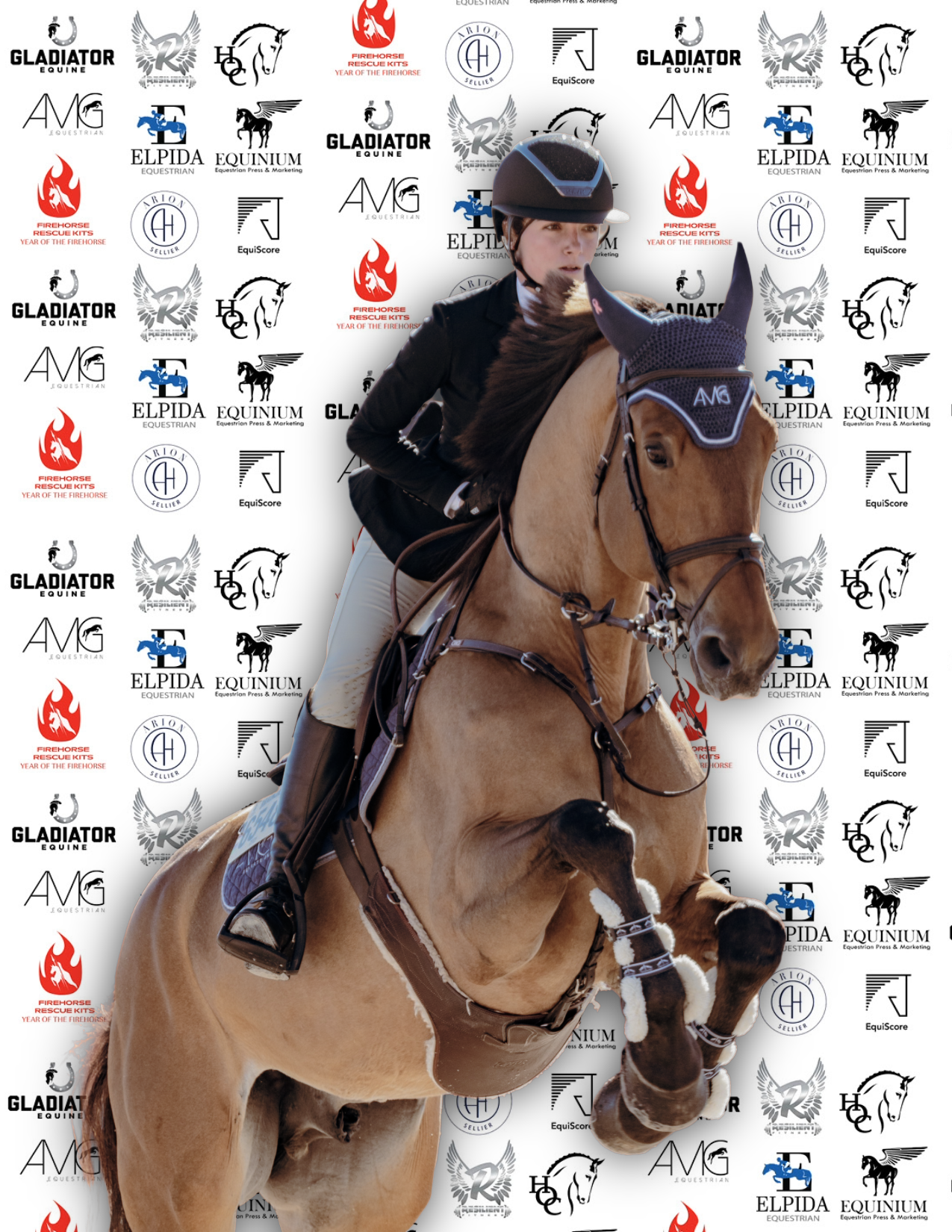 A female equestrian riding a palomino horse during a competition, with a backdrop covered in logos of equestrian brands and organizations.