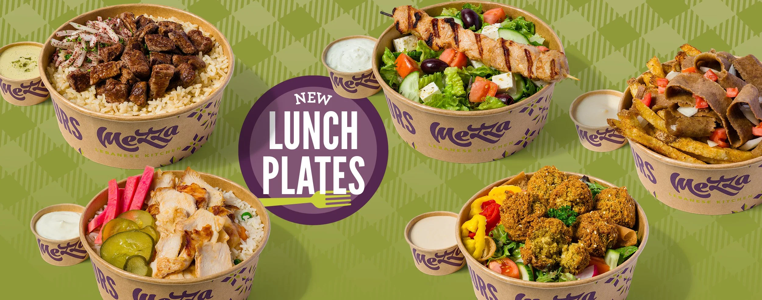 Lunch Plates from Mezza showing steak, souvlaki, chicken shawarma, falafel, donair and choice of bases and sauces with text reading "New Lunch Plates"