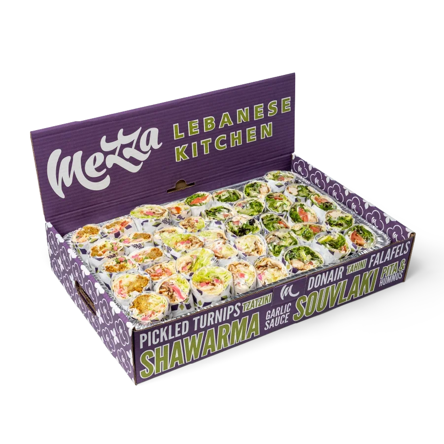 Purple branded Mezza box filled with an assortment of wraps that are exposed on top revealing their ingredients inside.