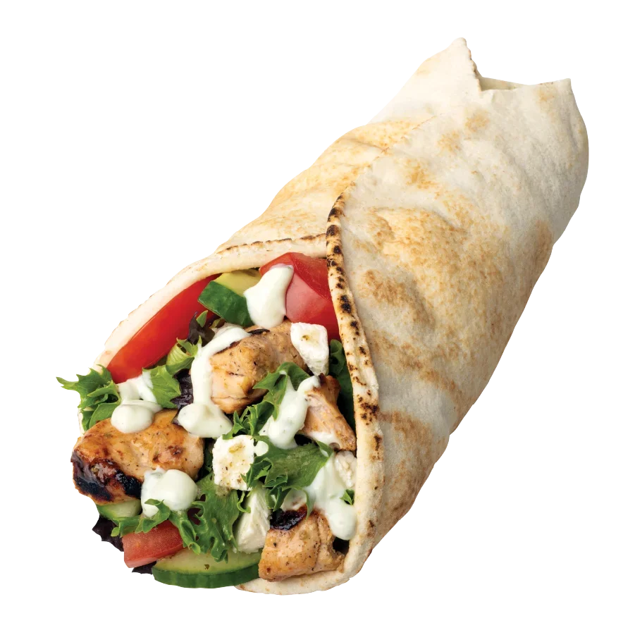 Purple branded Mezza box filled with an assortment of wraps that are exposed on top revealing their ingredients inside.