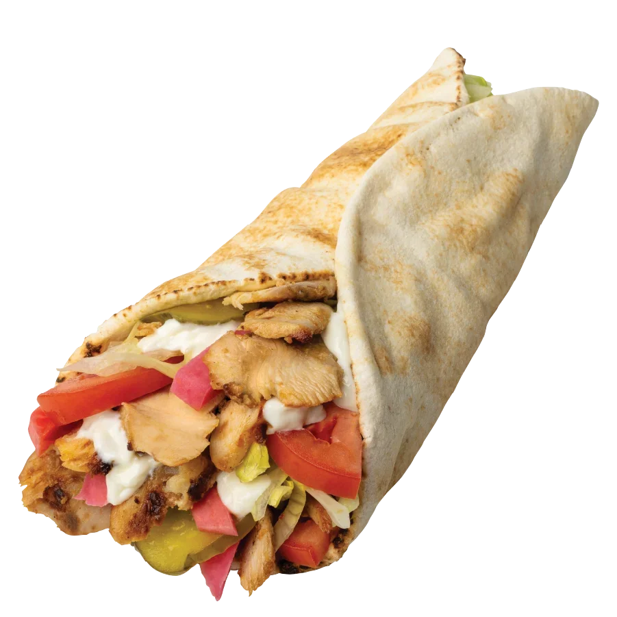 Large chicken shawarma wrap with the works of ingredients inside.