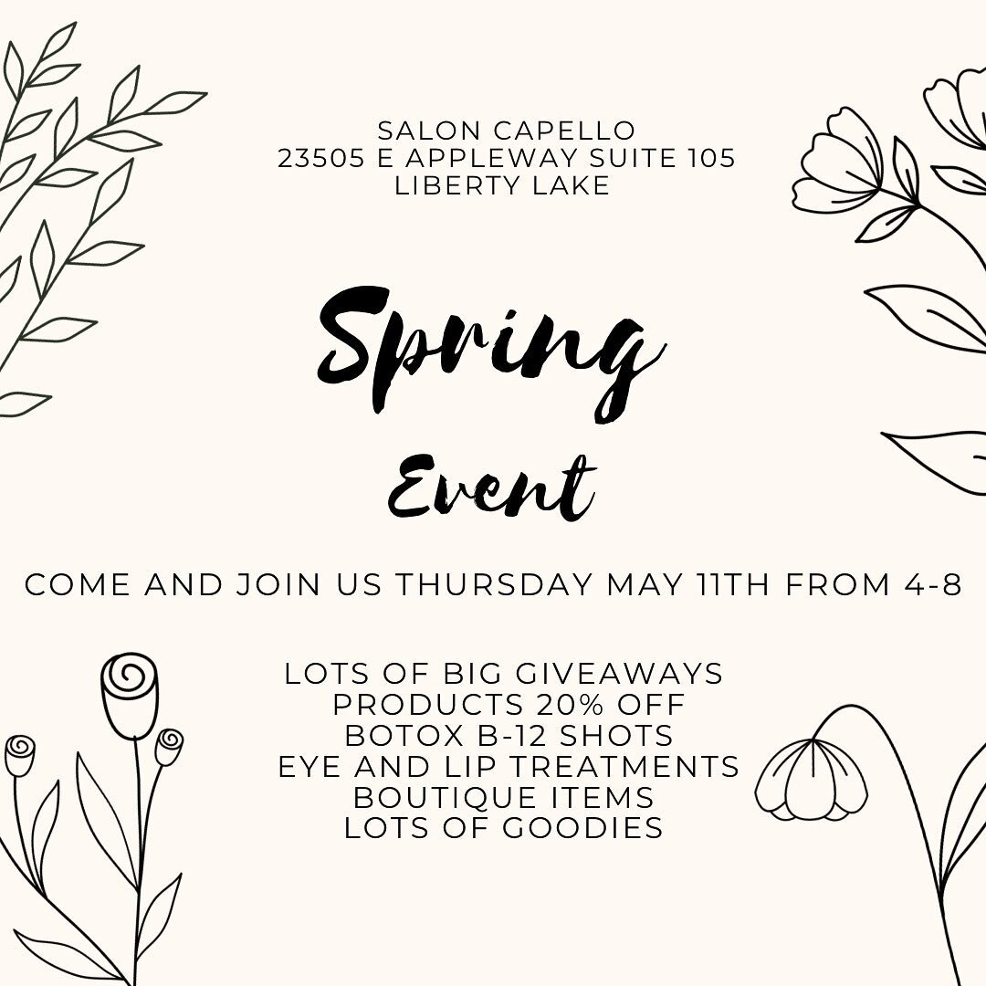 Spring Fling Event! Come drop by for lots offers!
SALON CAPELLO
🌼 20% off all products and tools! Kevin Murphy, Moroccan oil,
Amika and Design me! 
Complementary braids and hair tinsel! 
Lots of give aways! 

Hunter Lane Boutique 
🌼20% off all the 