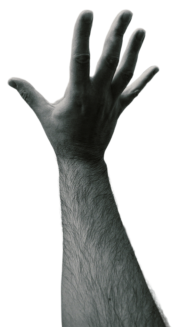 A black and white photo of a human hand and forearm with fingers spread apart, reaching upward against a neutral background.