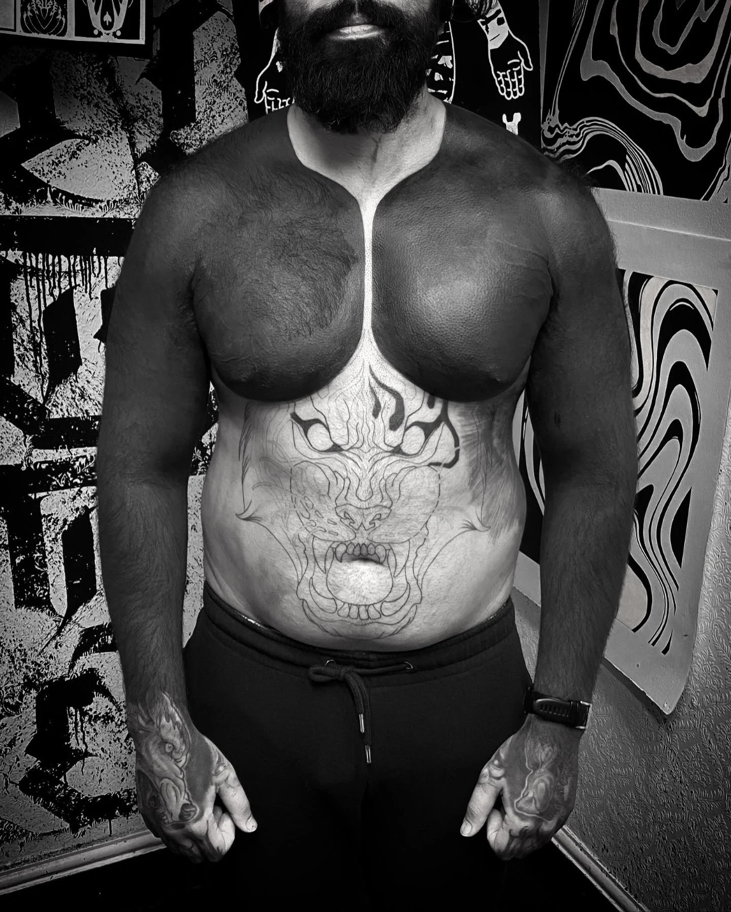 Blackout both full sleeve and chest tattoo by GÖRMEX , London blackwork tattoo artist, difficult cover up