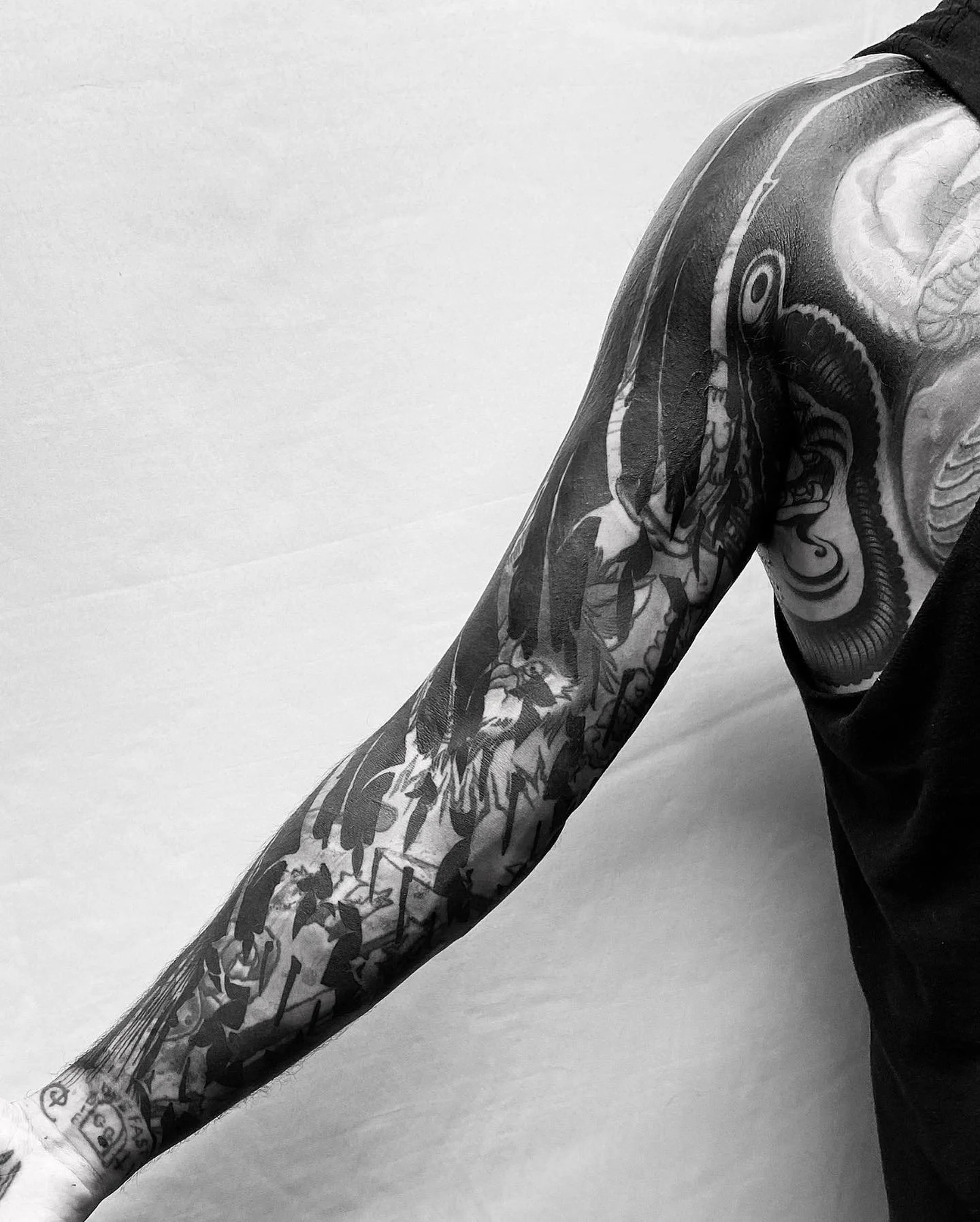 Abstract calligraphy abstract full sleve blast over, GÖRMEX blackwork cover up London uk