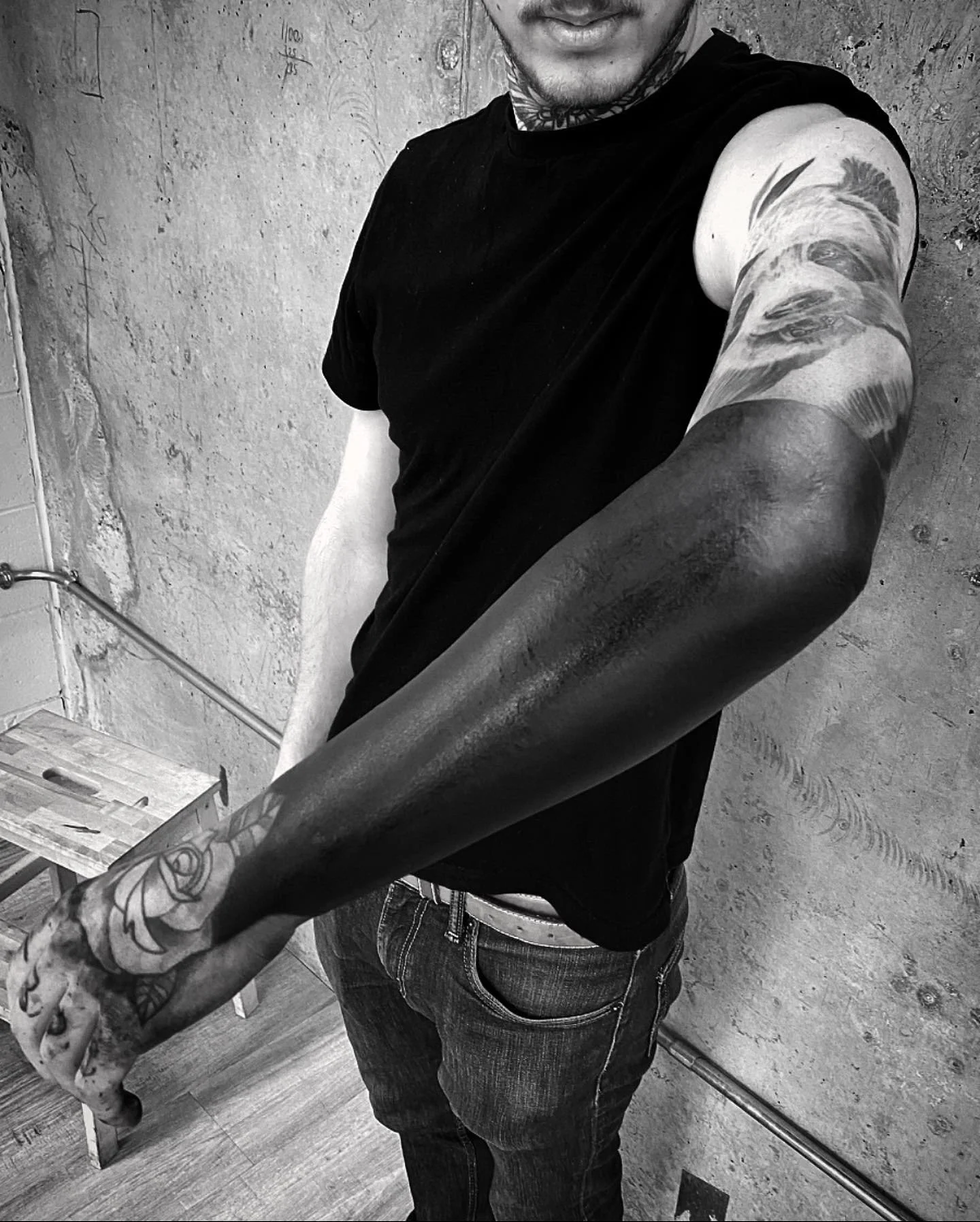 Blackout half sleeve cover up tattoo by GÖRMEX , London blackwork tattoo artist, difficult cover up