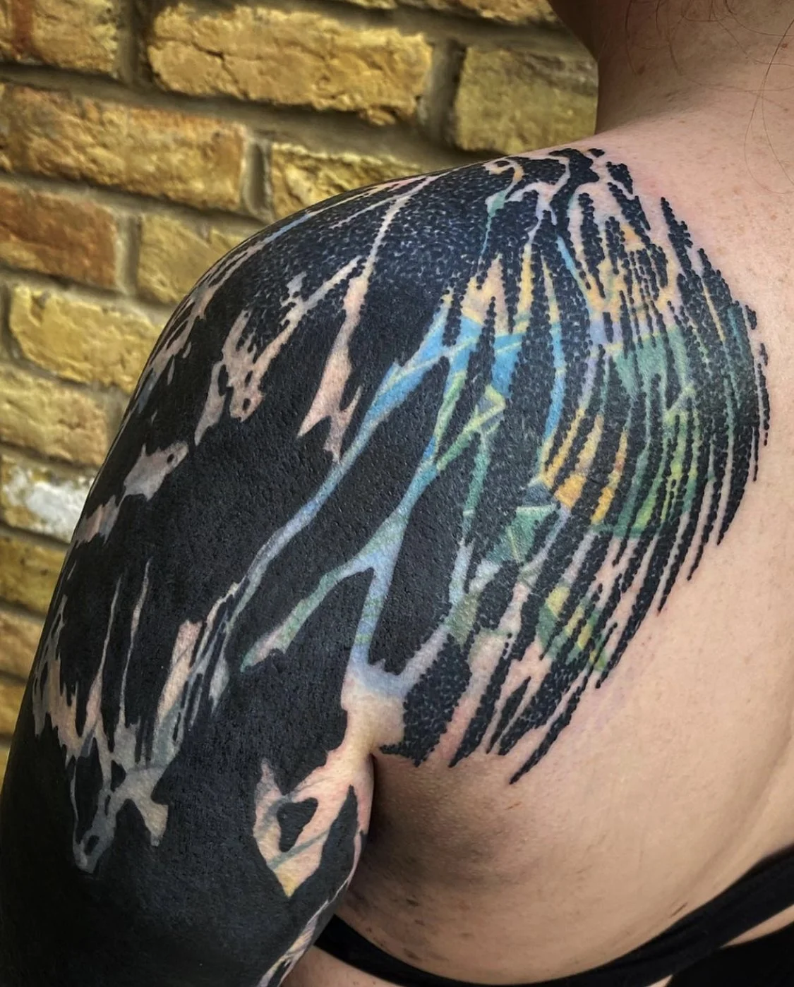 Blastover sleeve, shoulder coverup tattoo in progress by Gormex, London tattoo artist