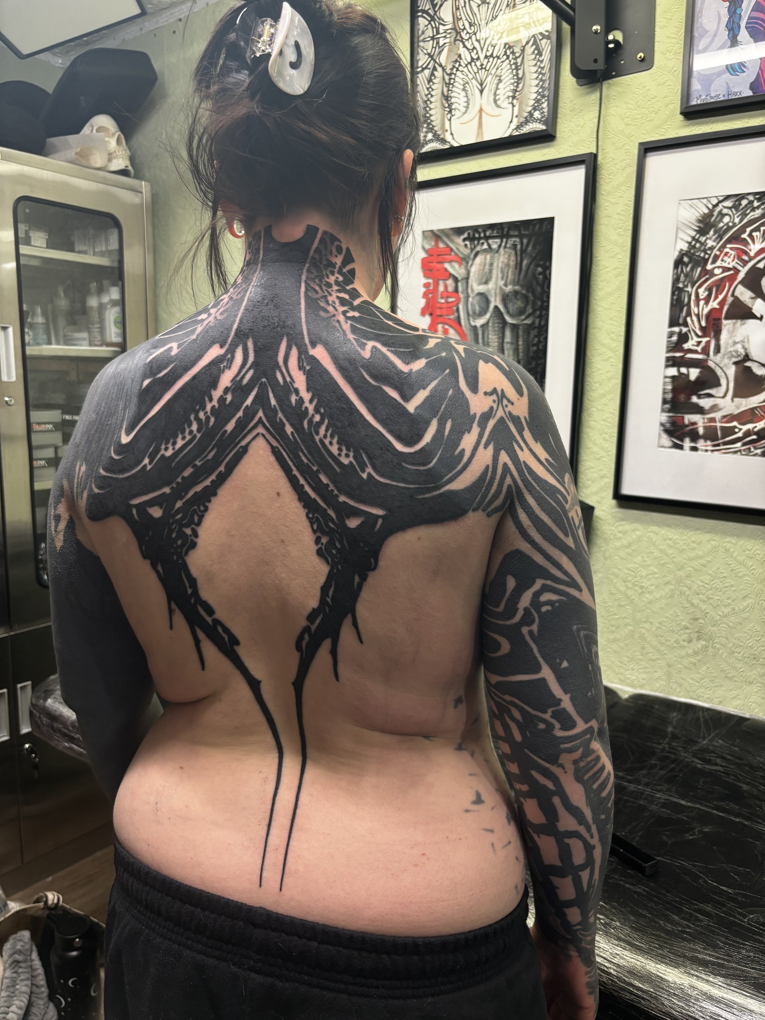 Abstract Blackwork sleeve and back piece with distorted patterns and textures.Done by Görmex in London 