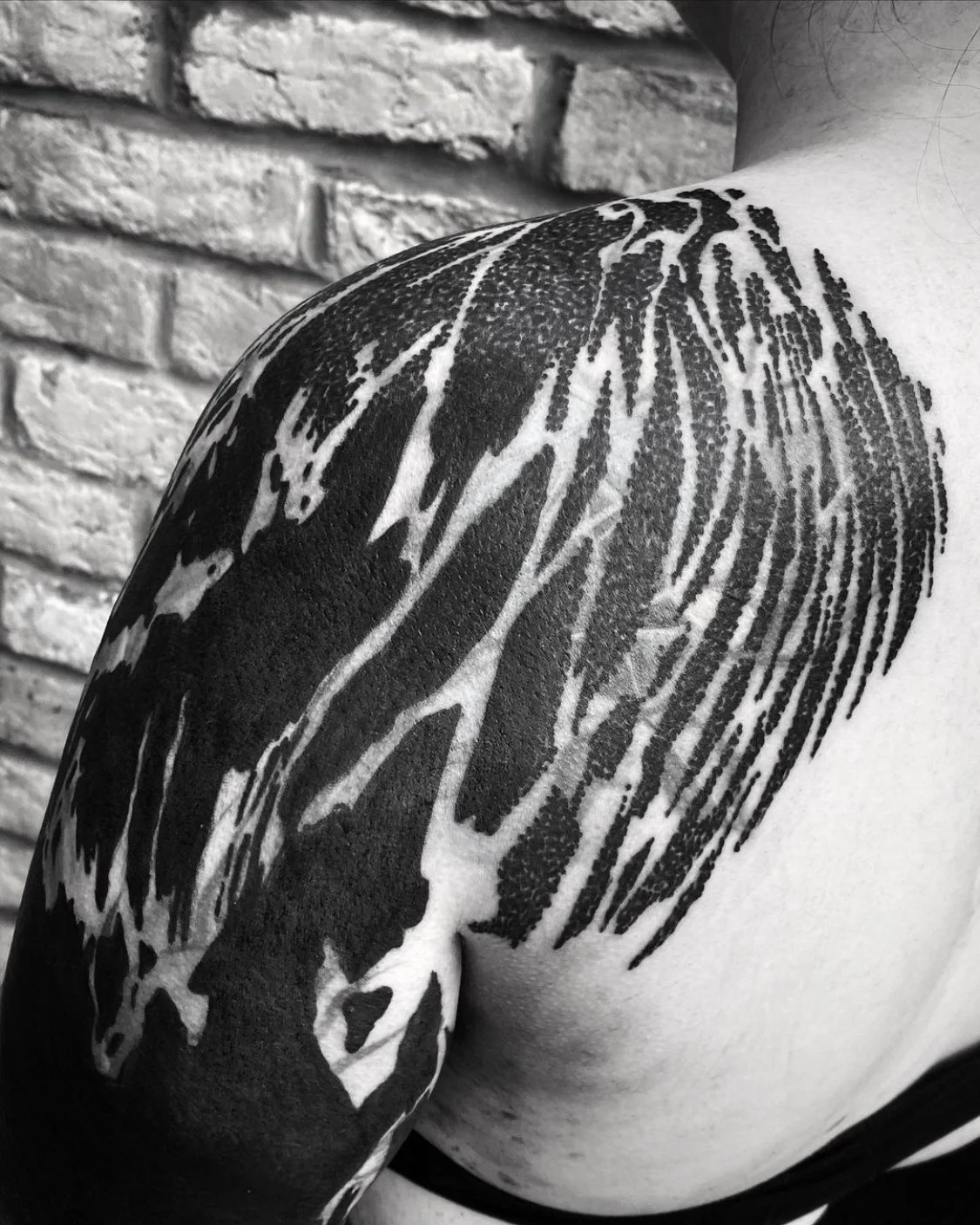 Blastover sleeve, shoulder coverup tattoo in progress by Gormex, London tattoo artist
