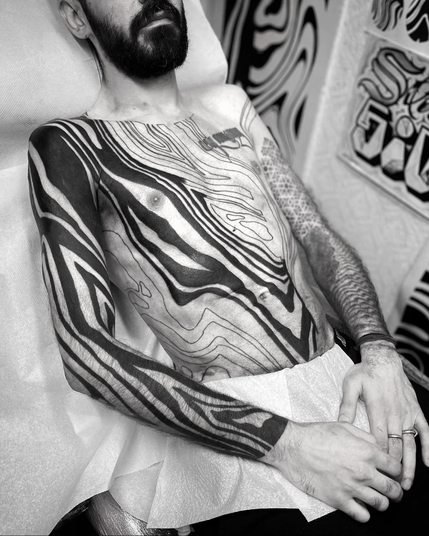Blackwork neotribal suminagashi sleeve, torso tattoo || Blackwork artist London
