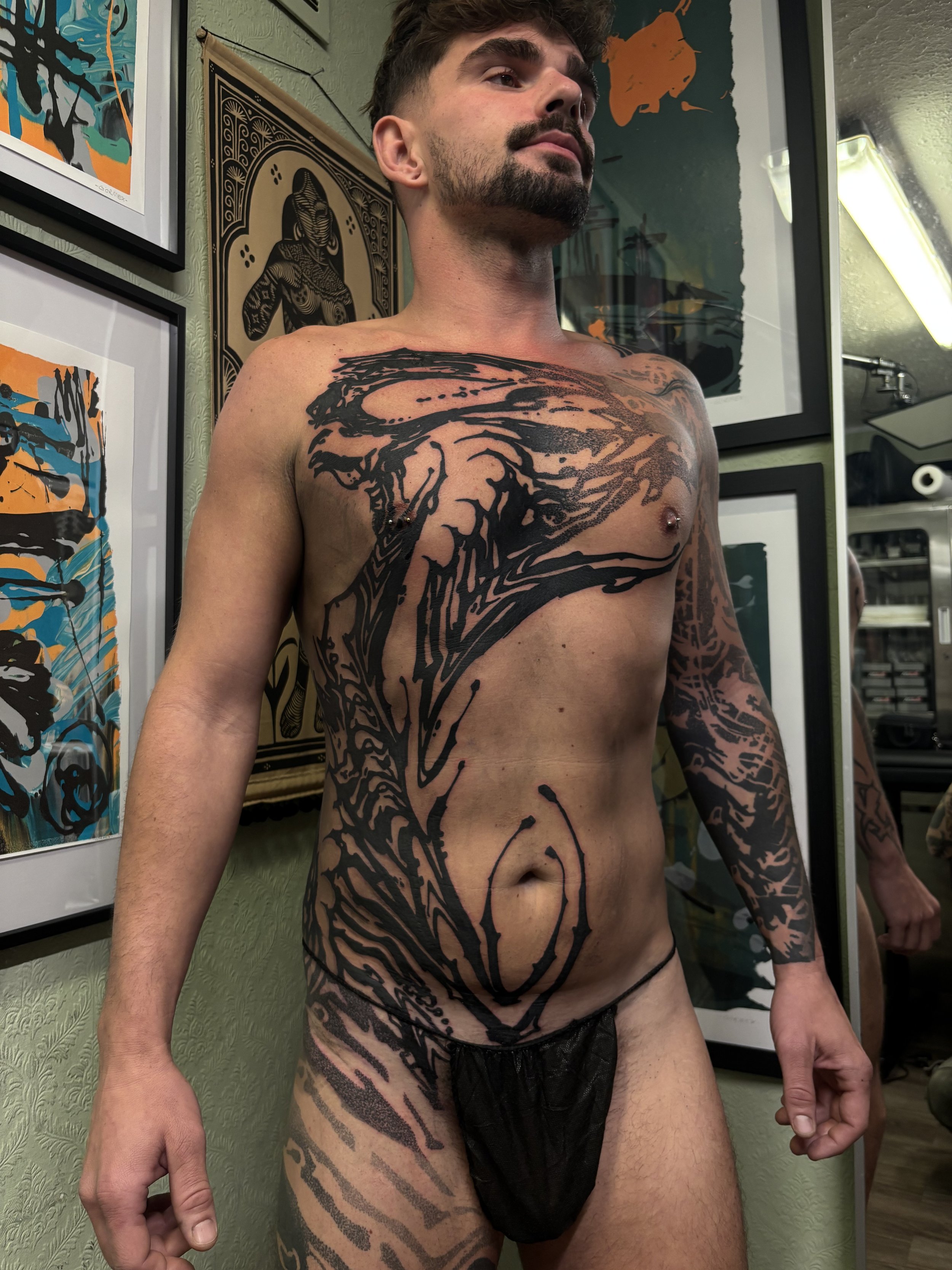 Abstract Blackwork sleeve and full front piece with distorted patterns and textures.Done by Görmex in London 