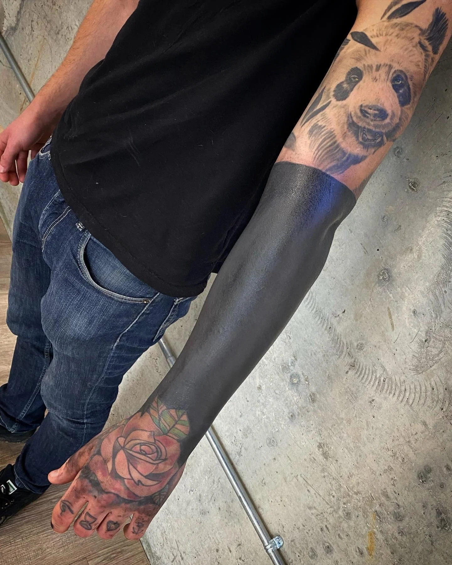 Blackout half sleeve cover up tattoo by GÖRMEX , London blackwork tattoo artist, difficult cover up