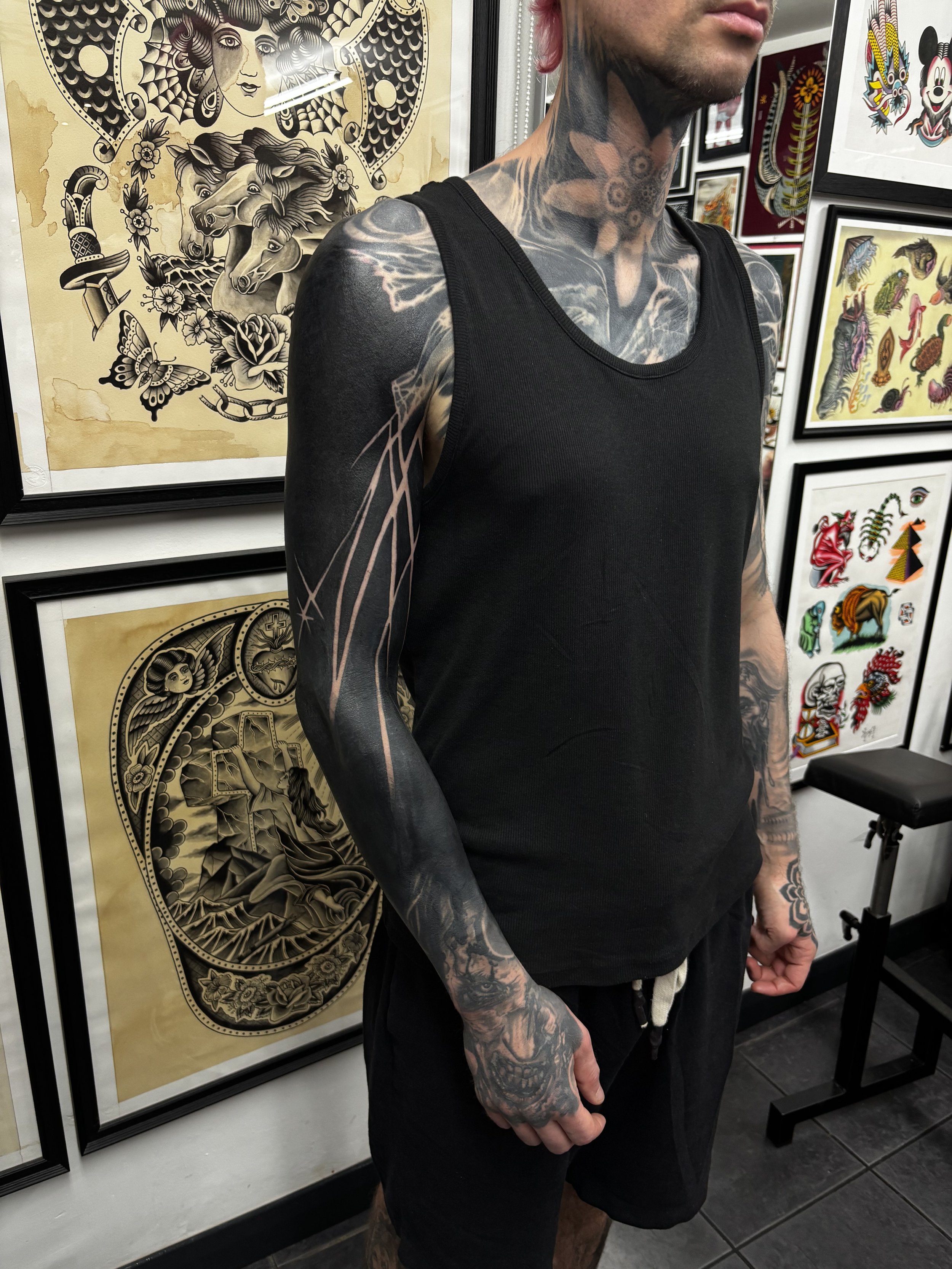 Blackout tattoo sleeve with some negative spaces. Done by GÖRMEX in London, at Seven Doors Tattoo