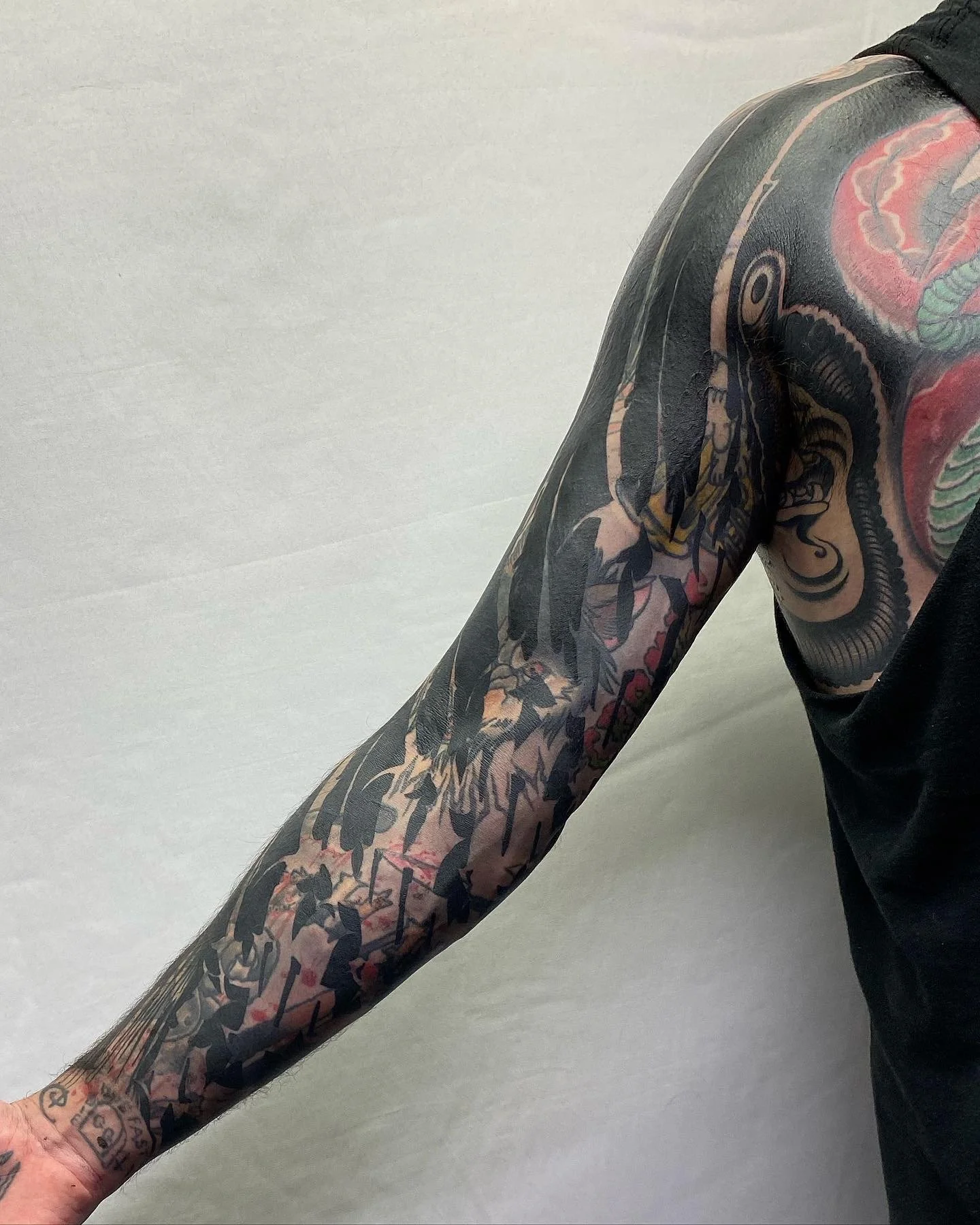 Abstract calligraphy abstract full sleve blast over, GÖRMEX blackwork cover up London uk