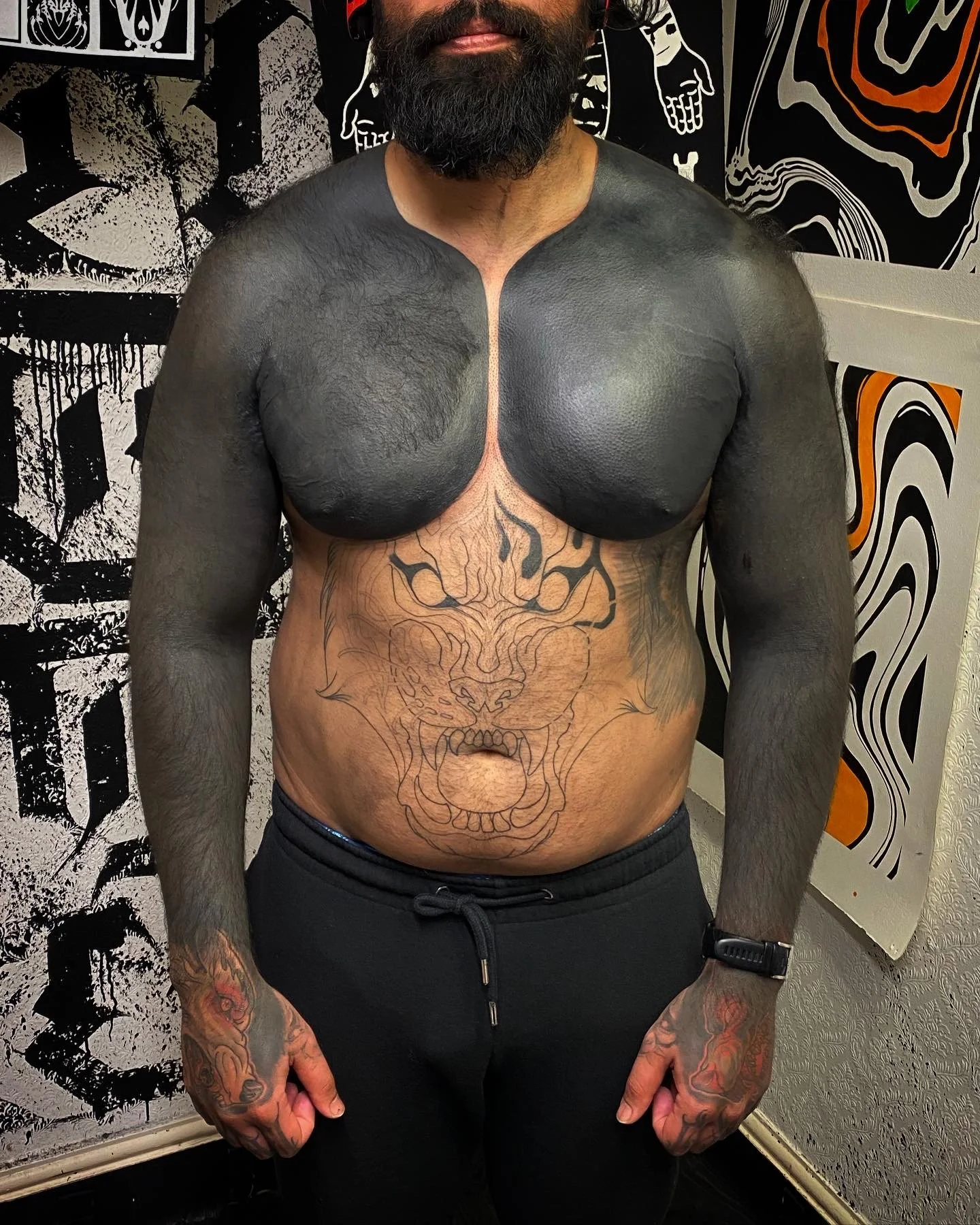 Blackout both full sleeve and chest tattoo by GÖRMEX , London blackwork tattoo artist, difficult cover up