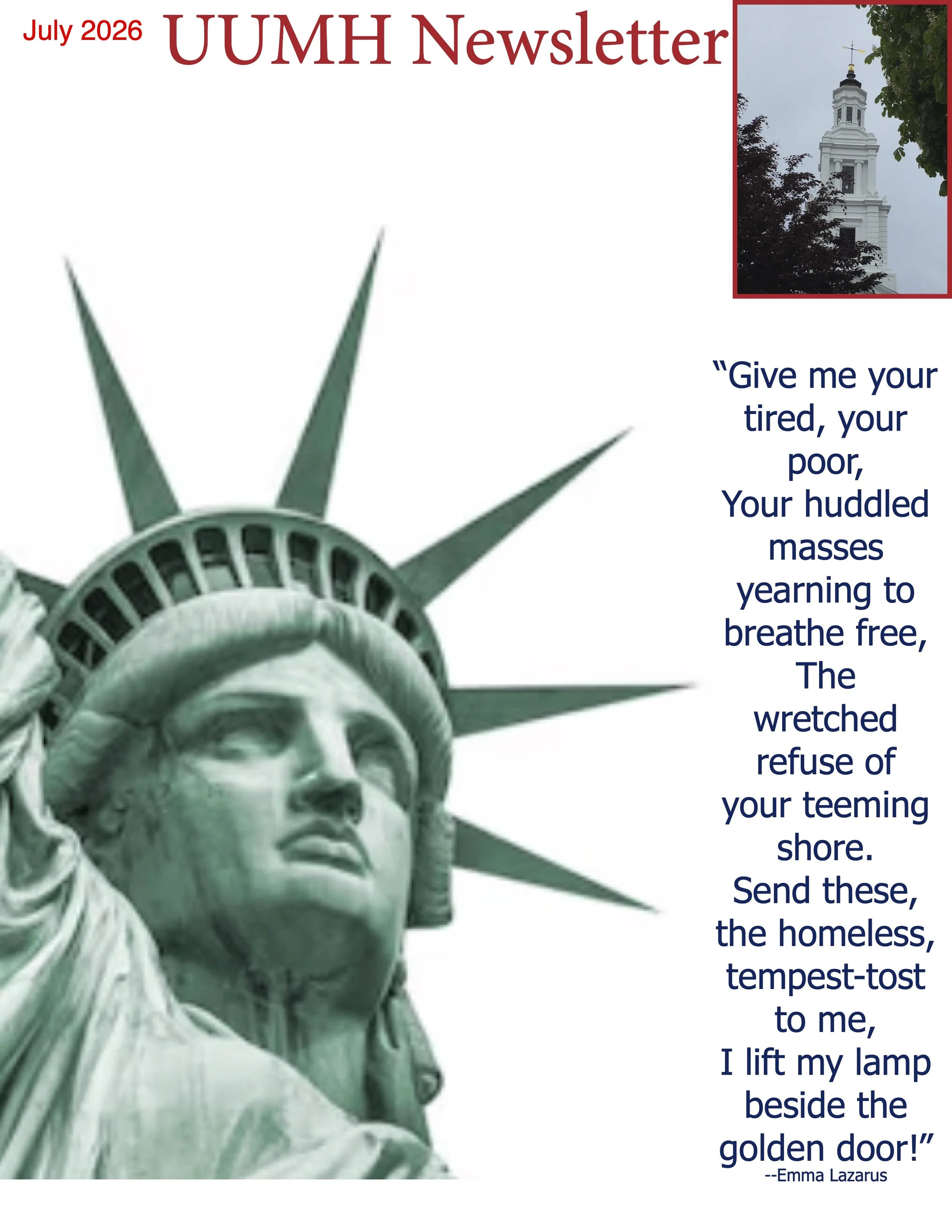 July 2026 newsletter cover with photo of the head of the Statue of Liberty