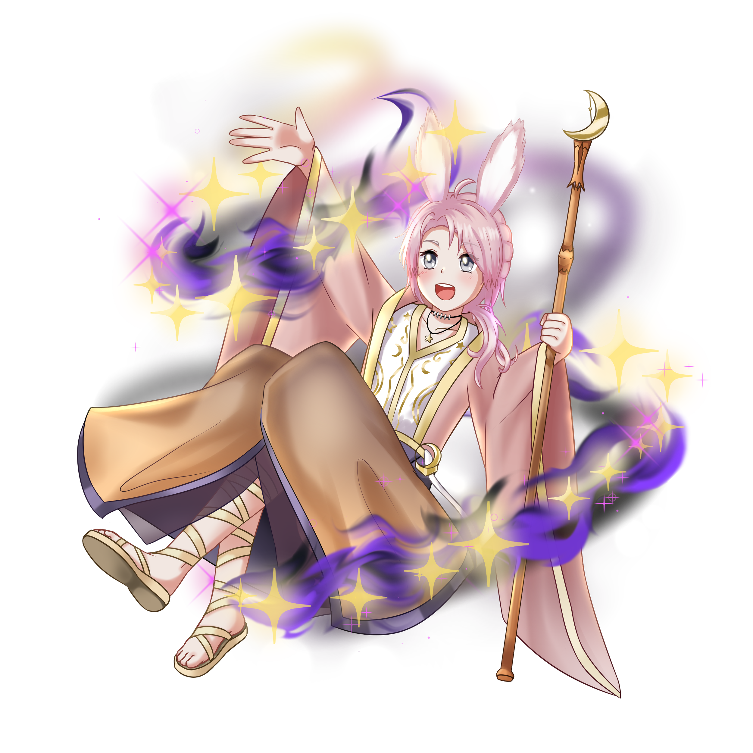 A man in gold, pink and purple robes floating in the air with pink bunny ears and long pink hair. They hold a staff with a moon on it and are surrounded by purple and black shadows mixed with golden sparkles representing holy and shadow magic..