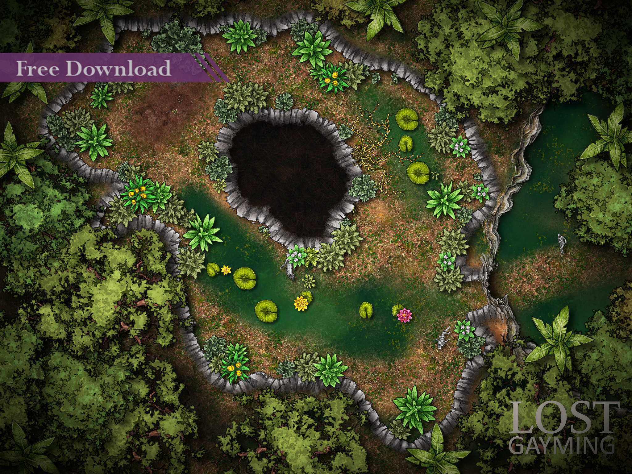 A cave full of green water and ample plants. There are stone figures lying on the ground and a spot of dark worn earth in the back of the cave. 