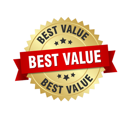 Gold badge with black stars and red ribbon reading "Best Value."