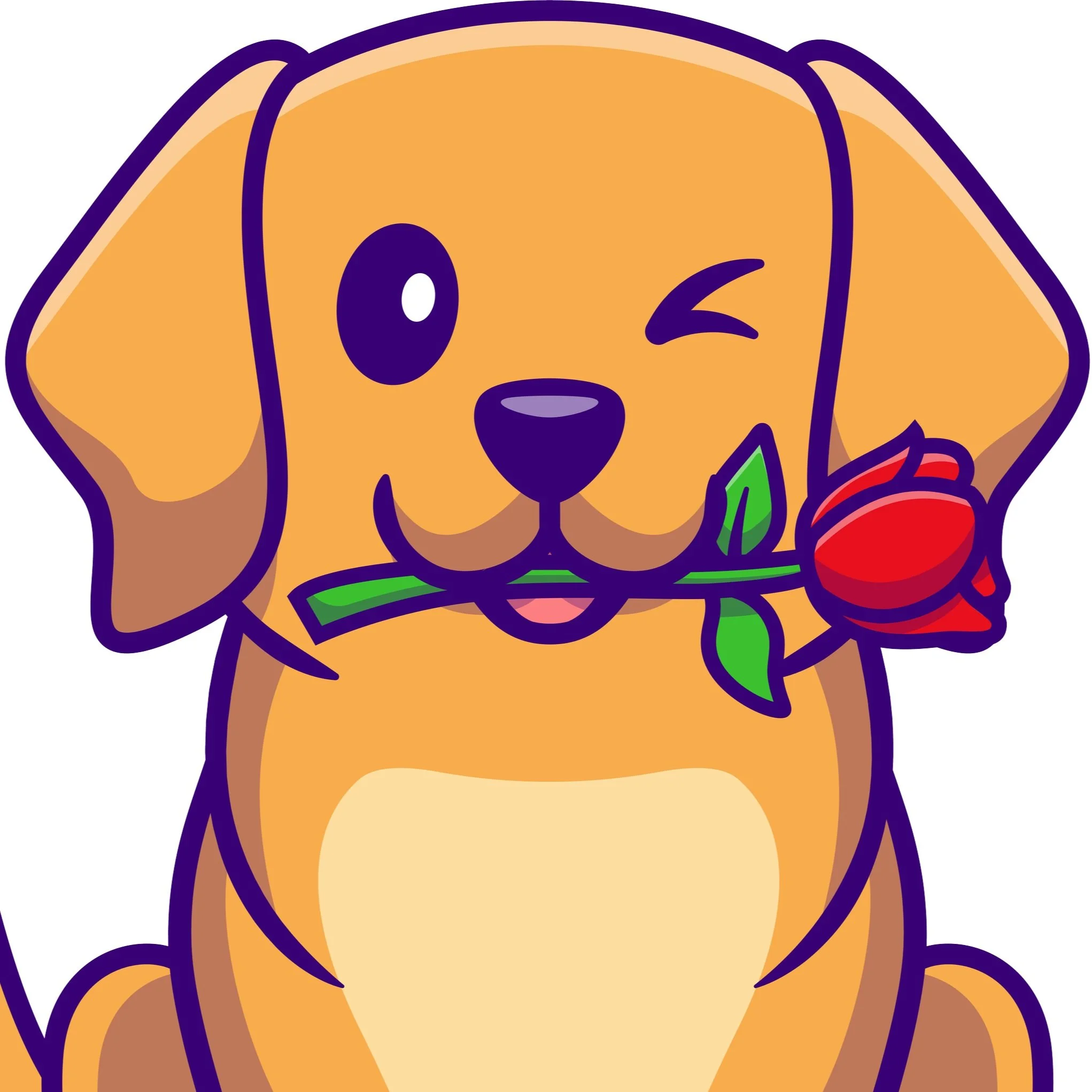 A cute cartoon dog holding a red rose in its mouth, winking.
