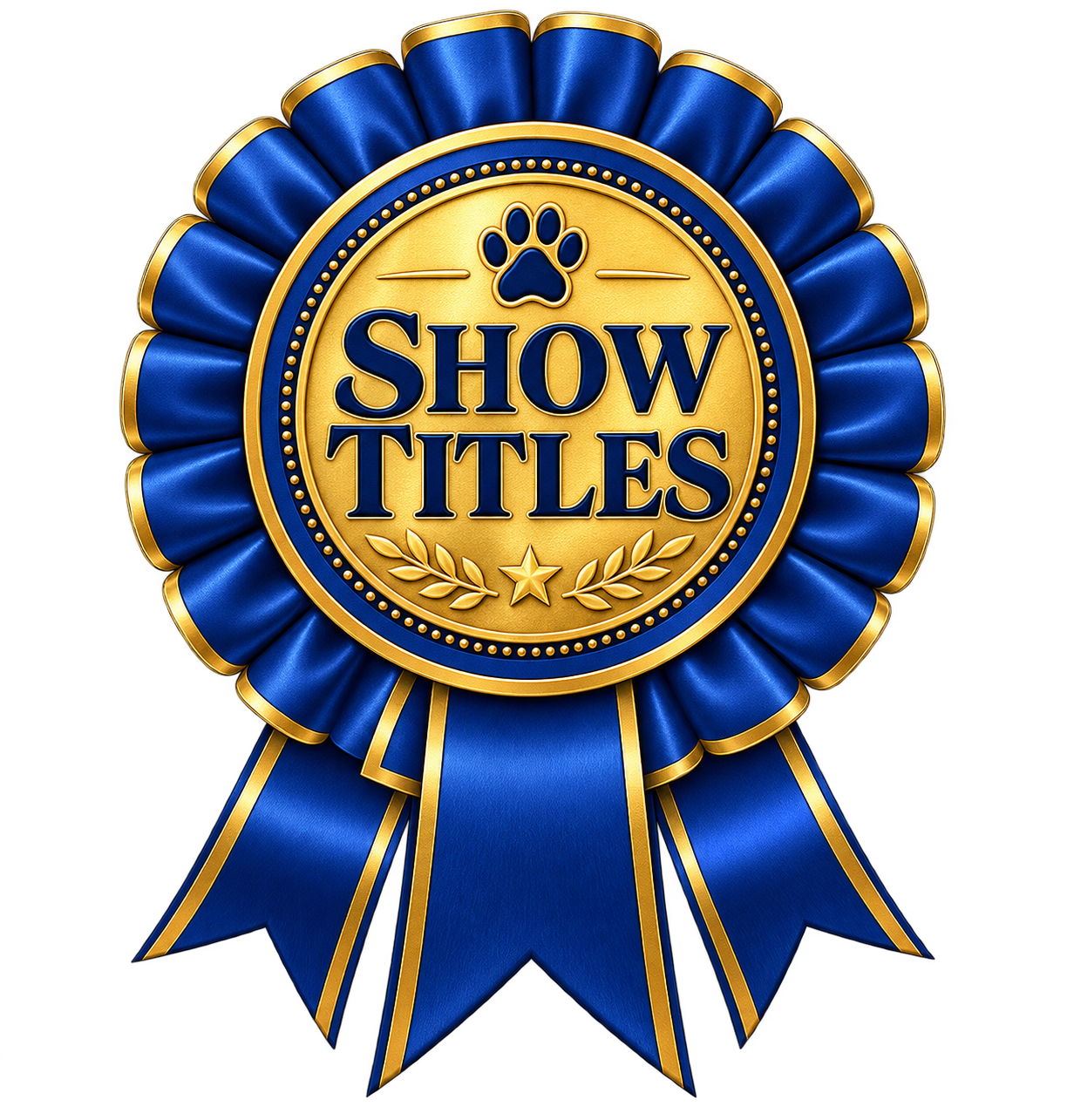 A blue and gold award ribbon with the text 'Show Titles' and a paw print symbol in the center.