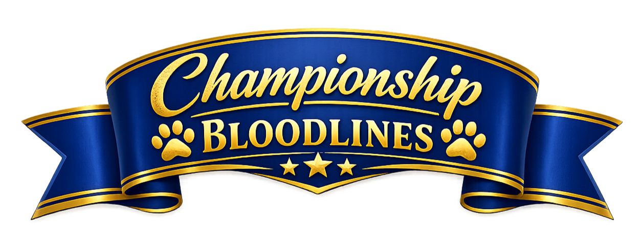 Logo for Championship Bloodlines, featuring a blue ribbon with gold outlines, gold stars, and paw prints.