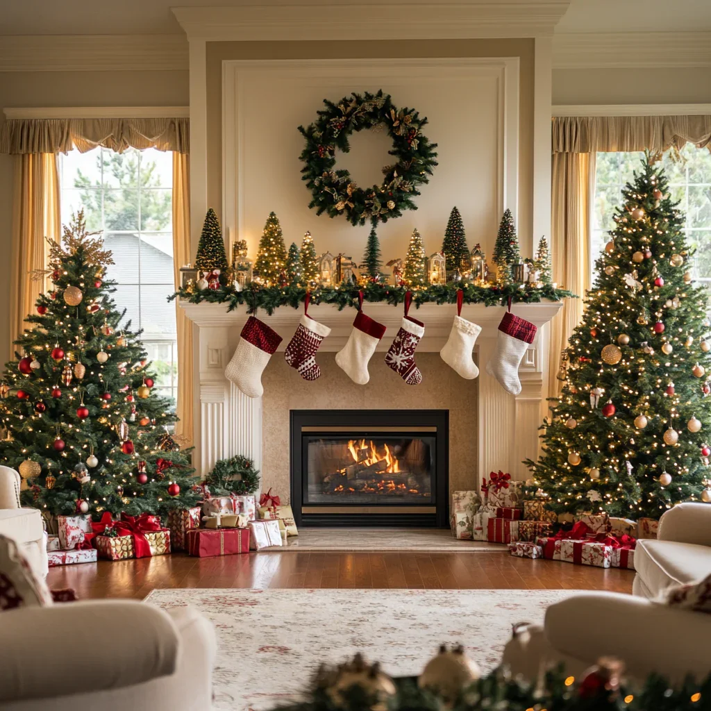 multiple-christmas-trees-by-the-fireplace.webp