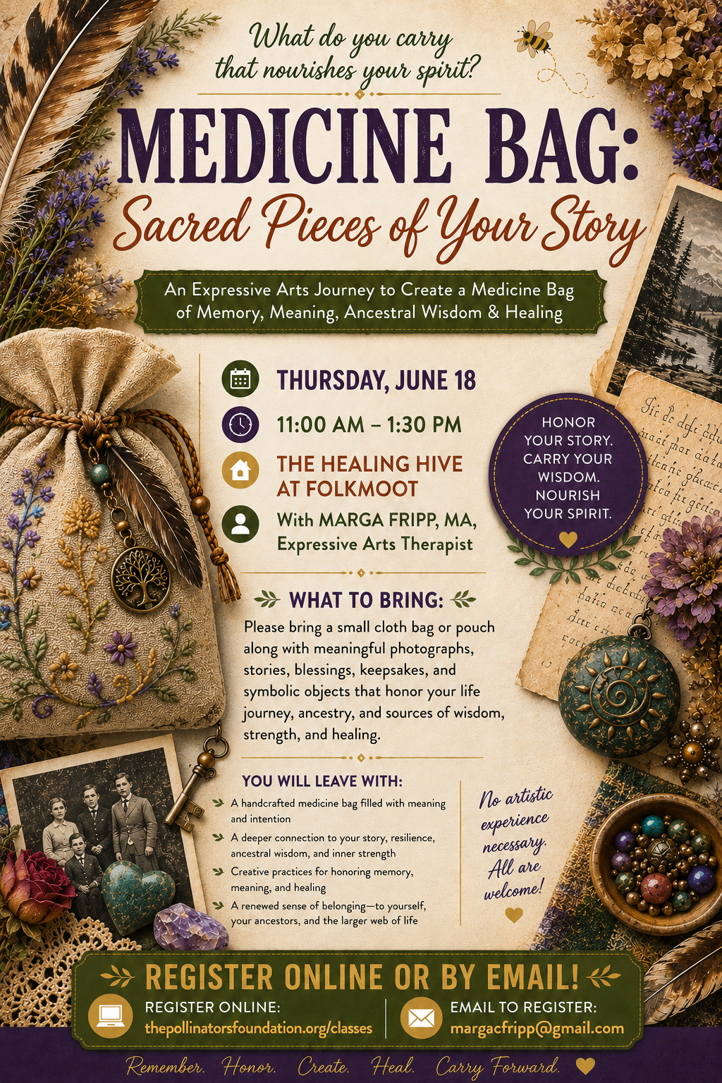 Medicine Bag: Sacred Pieces of Your Story with Marga Fripp. A program of heART Healing Circle 