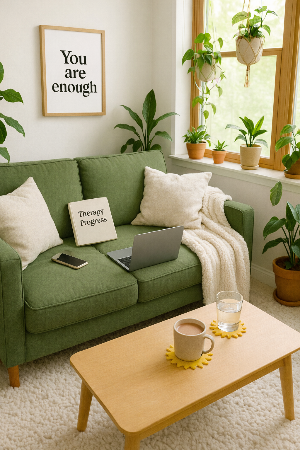 Scenic view of a lake surrounded by green rolling hills and mountains under a cloudy sky.