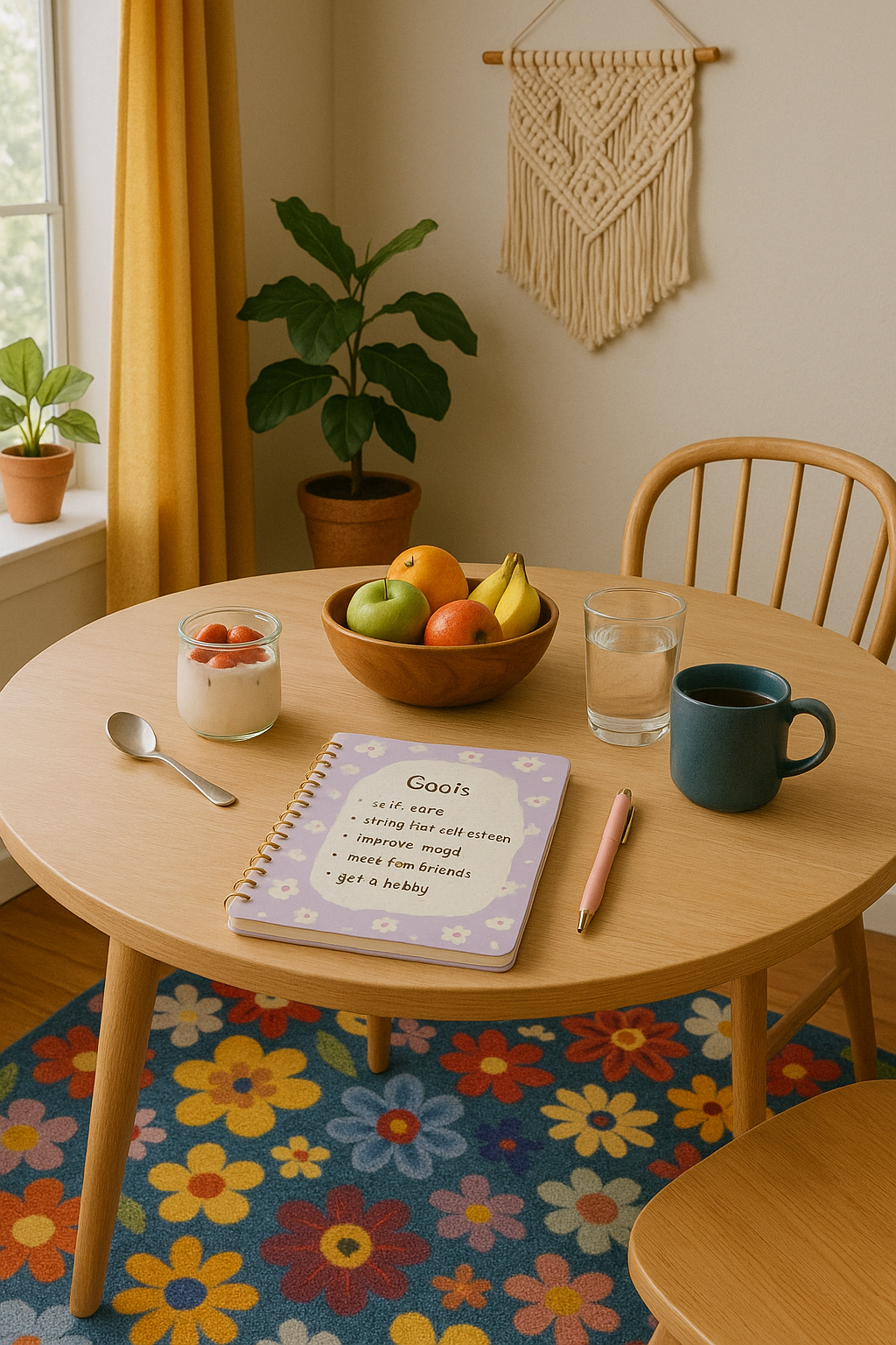 Round wooden table with a bowl of fruit, a jar of yogurt with strawberries, a glass of water, a blue mug, a pink pen, and a notebook labeled "Goals." The table is in a room with natural light, a potted plant on the windowsill, and a wall hanging with macramé decor. There is a colorful floral rug underneath and yellow curtains by the window.