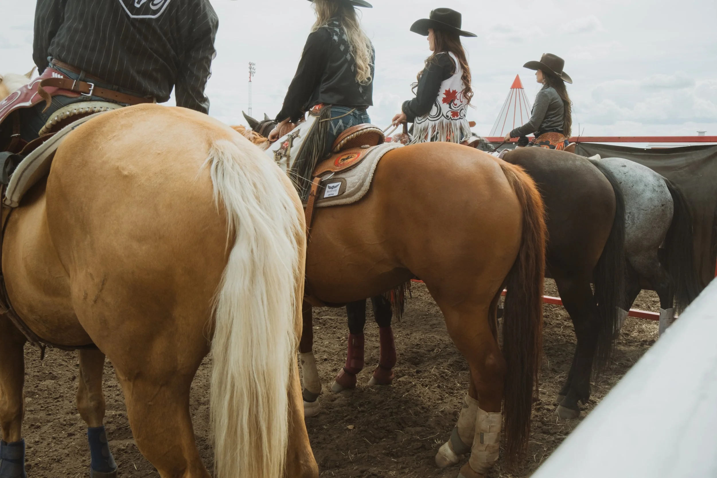 he backs and legs of four horses stand side by side while their riders wearing cowboy hats wait together at the Teepee Creek Stampede.