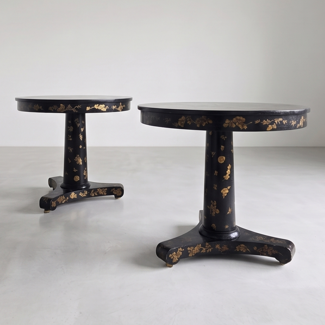 Pair of chinoiserie end-tables.  Purchased in the late 1980's from the George Smith store at 72 Spring Street in Soho, NYC. Excellent condition with some wear at base of one table consistent with age and use.