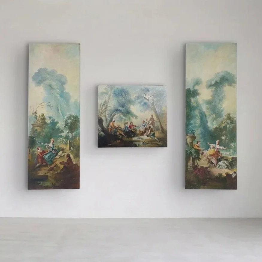 Mid-20th-century triptych (likely 1960's), exceptionally beautiful copies of masterpieces by the French Rococo icon Jean-Honoré Fragonard.  Painted on canvas and originally glued directly onto paneled walls, these were removed in the mid-1980's onto 