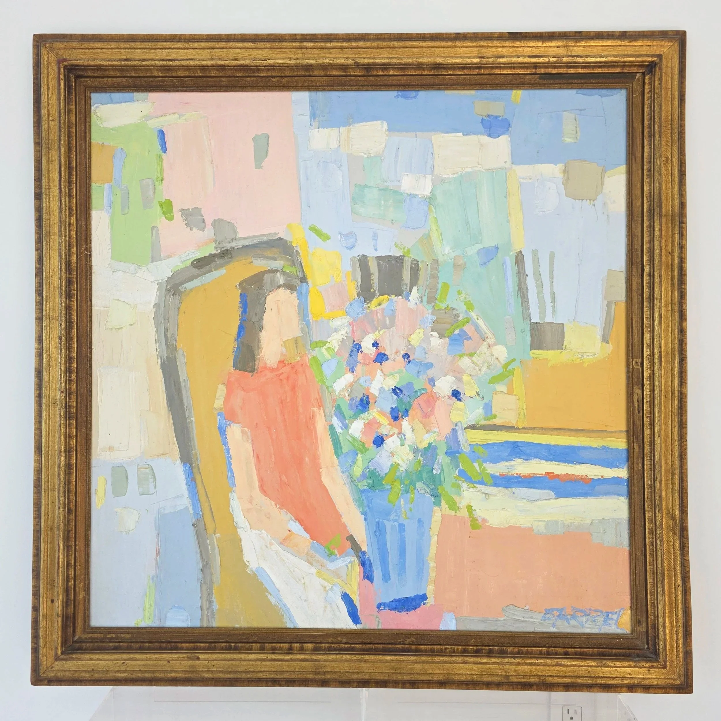 Large-scale, 1970's modernist abstract oil painting by Italo George Botti (George Barrel), signed, original impasto oil on canvas, original frame.  Painting: 36" w x 36" t.  Framed painting:  43" w x 43" t.