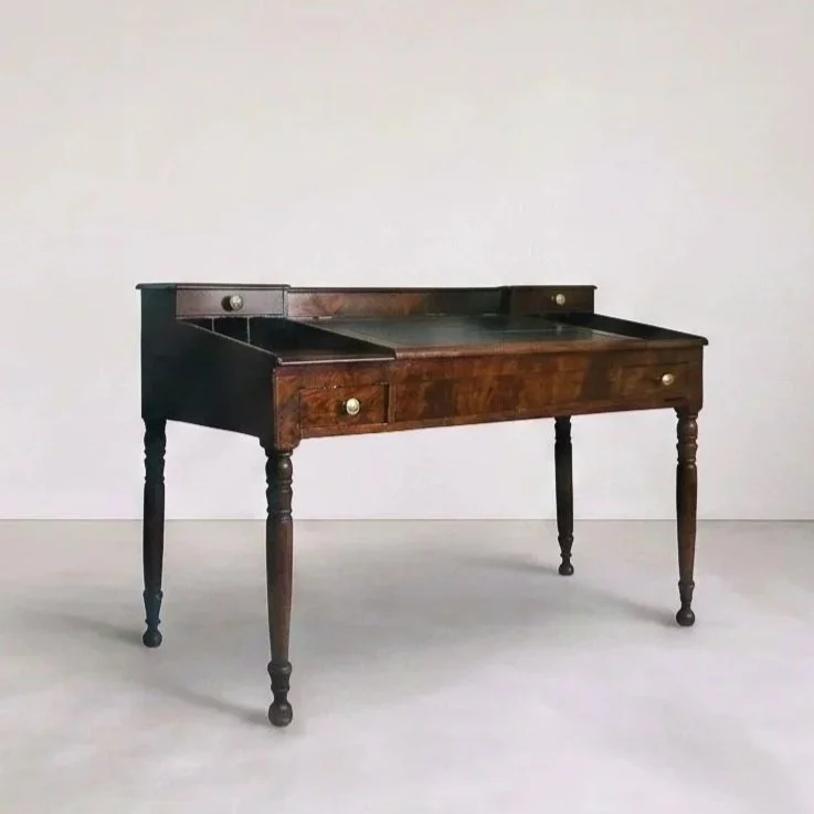 19th-Century American Crotch Mahogany Lady’s Writing Desk, renowned Asian art dealer and expert Liza Hyde in the 1980'a as a cherished Hyde family piece.  Good antique condition.
