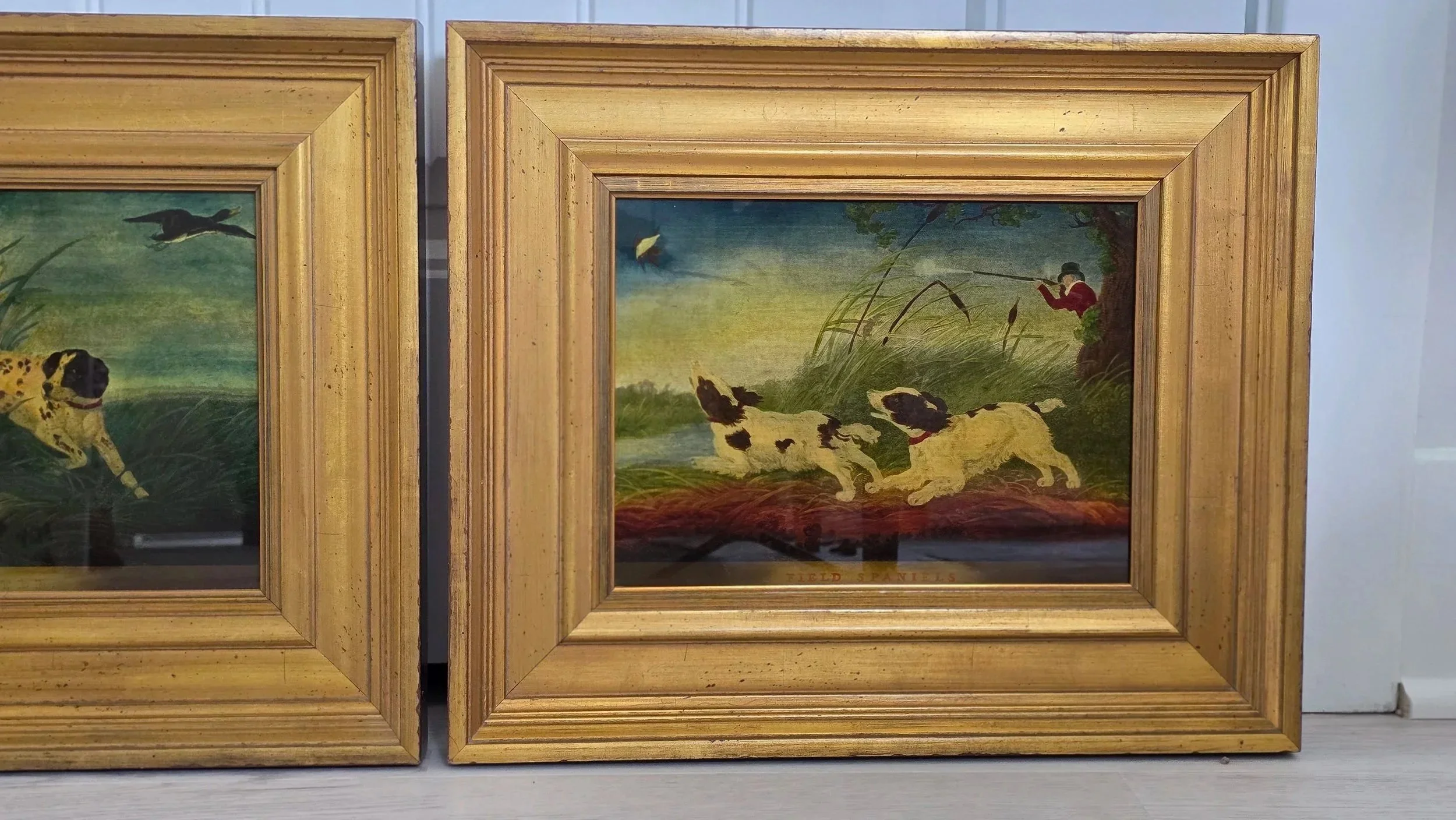 Second of a pair of framed, eglomise hunting scenes.  Late twentieth century.