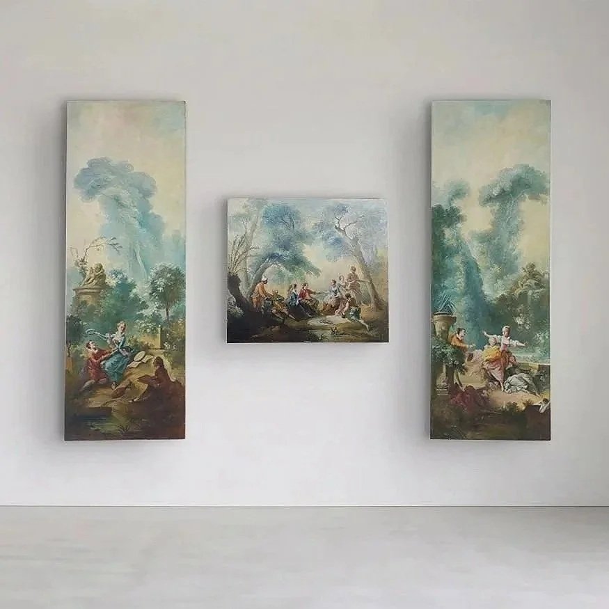 Mid-20th-century triptych (likely 1960's), large scale copies of masterpieces by the French Rococo icon Jean-Honoré Fragonard.  Painted on canvas and originally glued directly onto paneled walls, these were removed in the mid-1980's onto custom-keyed