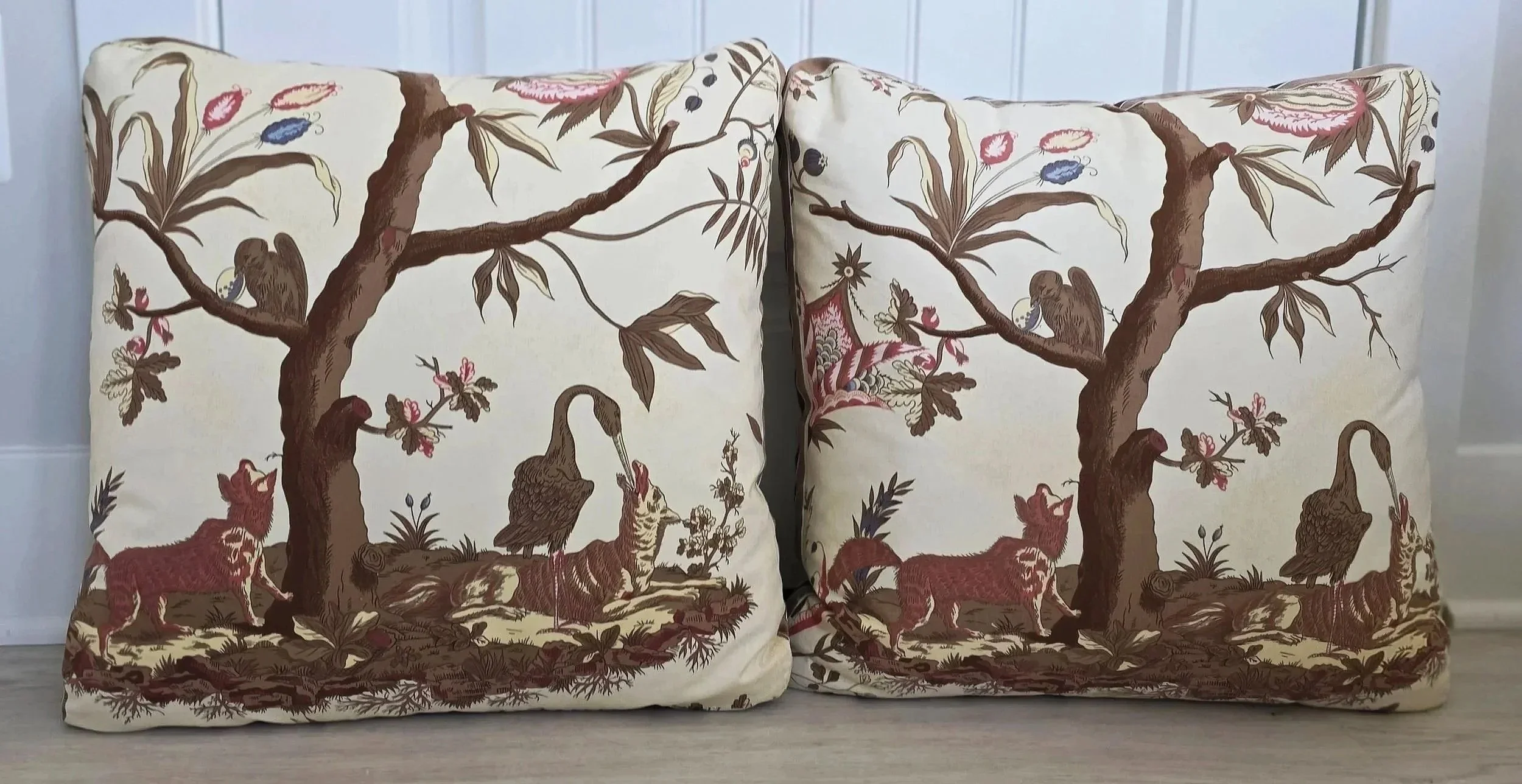 Pair of Pierre Frey toile de jouy pillows with ribbon trim.  PATTERN ON BOTH SIDES.