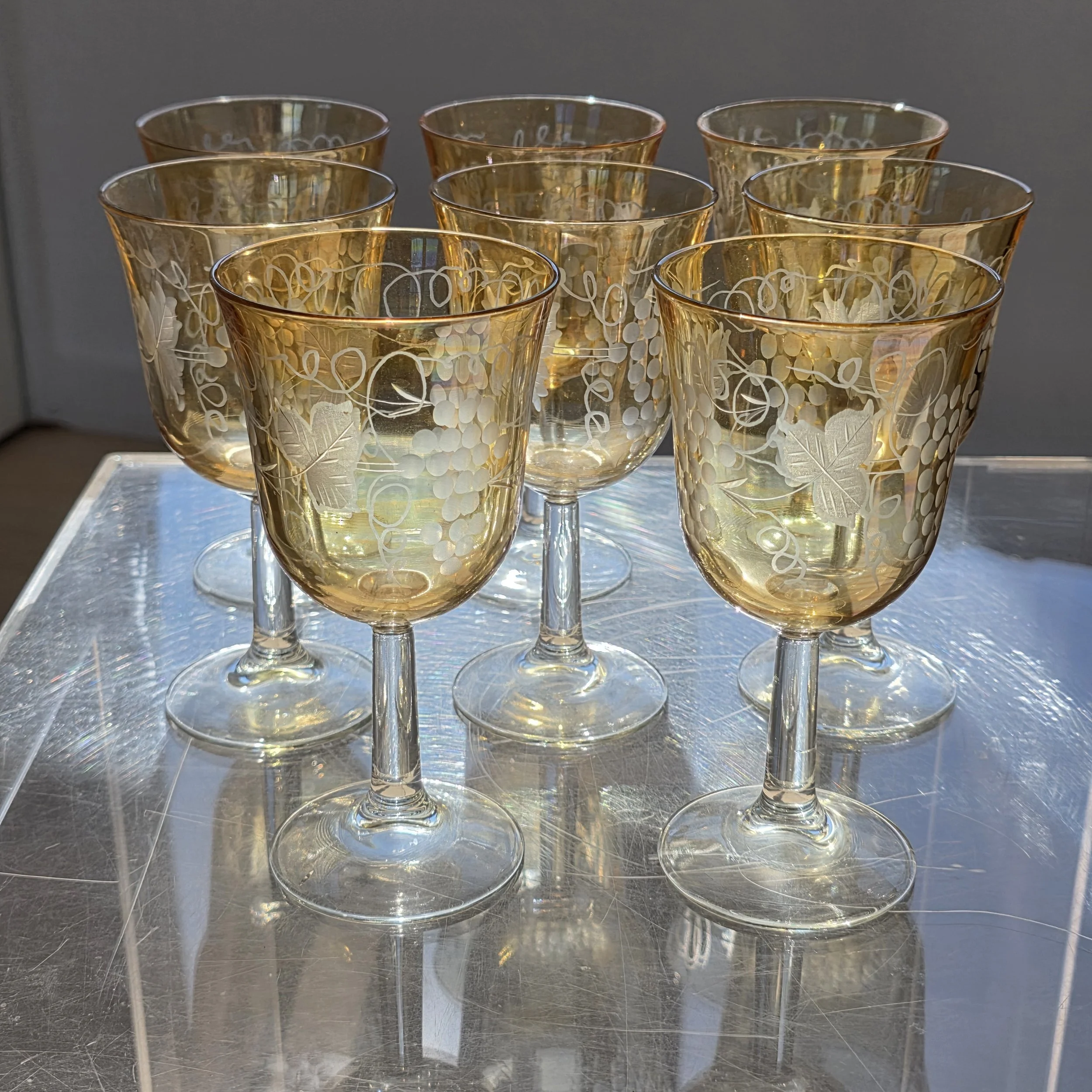 Vintage Etched Amber Glass Wine Glasses