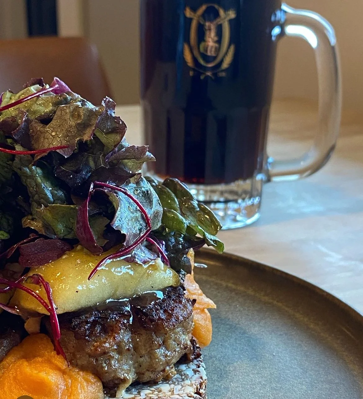 Harvest Frikadeller and a refreshing dark Oxbow brew