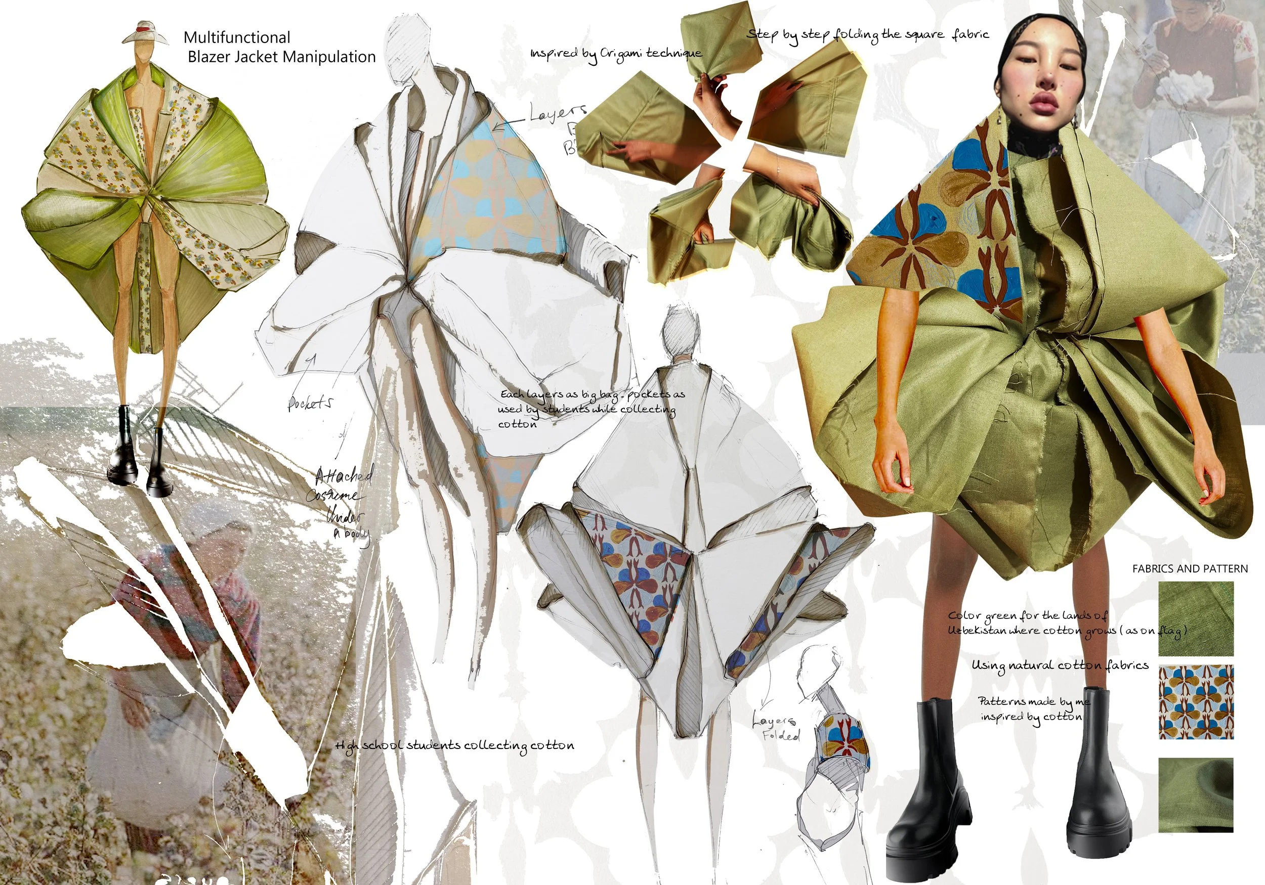  The Field Suit This look is inspired by cotton field patterns and cotton flowers, translating agricultural landscapes into textile manipulation and sculptural sleeve forms. The exaggerated sleeves represent the physical labor of cotton harvesting, u