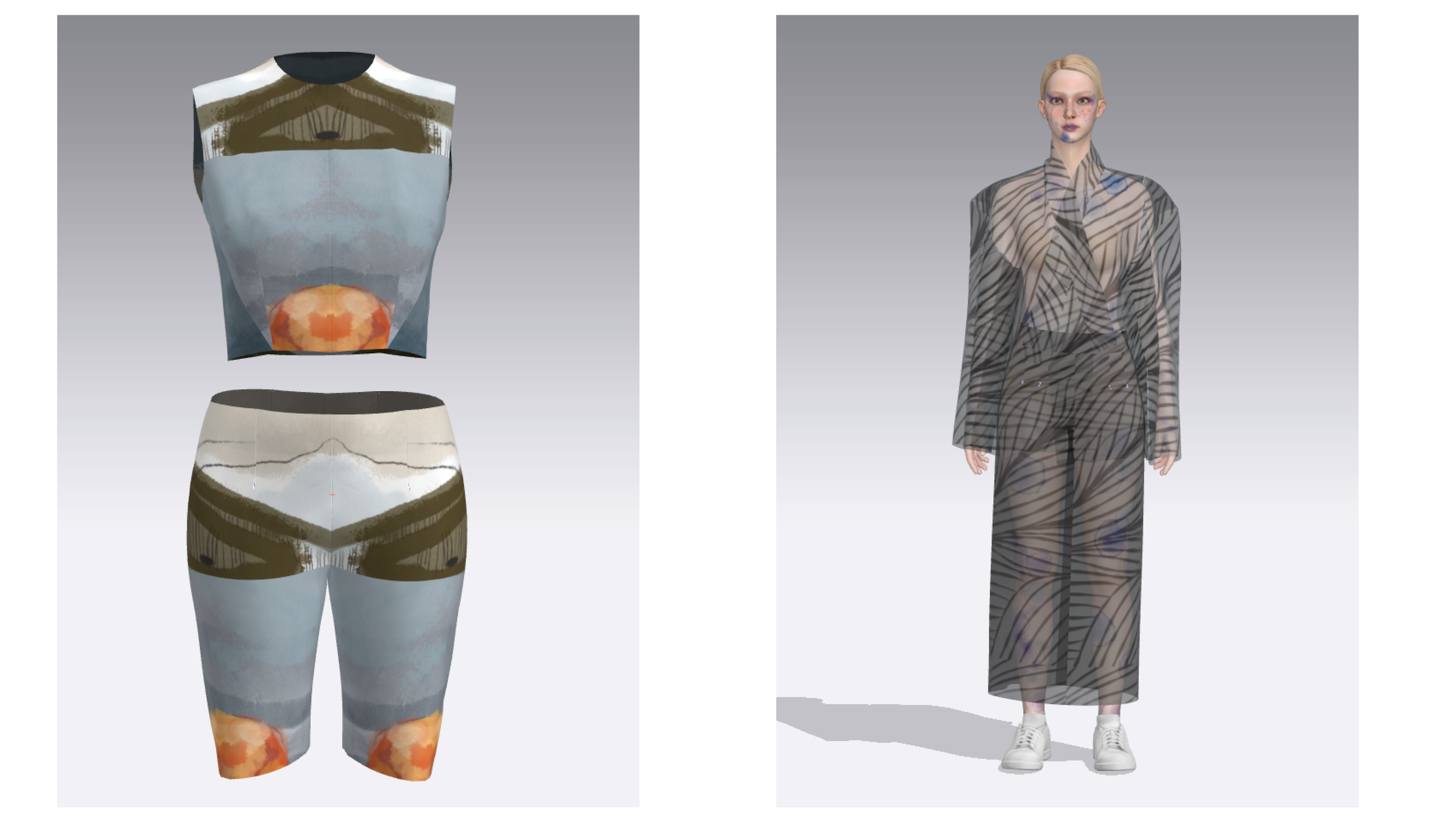  3D garment simulation in CLO3D — custom print placement and full-avatar fit visualization. 