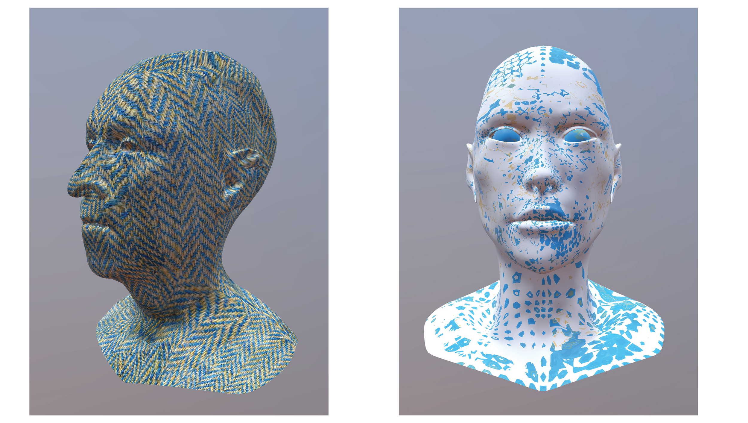  3D head sculpts modeled in Forger with custom textile and pattern textures designed in Procreate. 