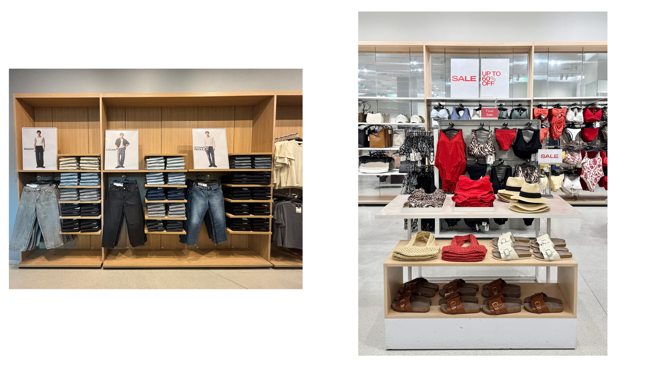  Denim shelving and swim/sale table styling  garment folding and product presentation by category. 