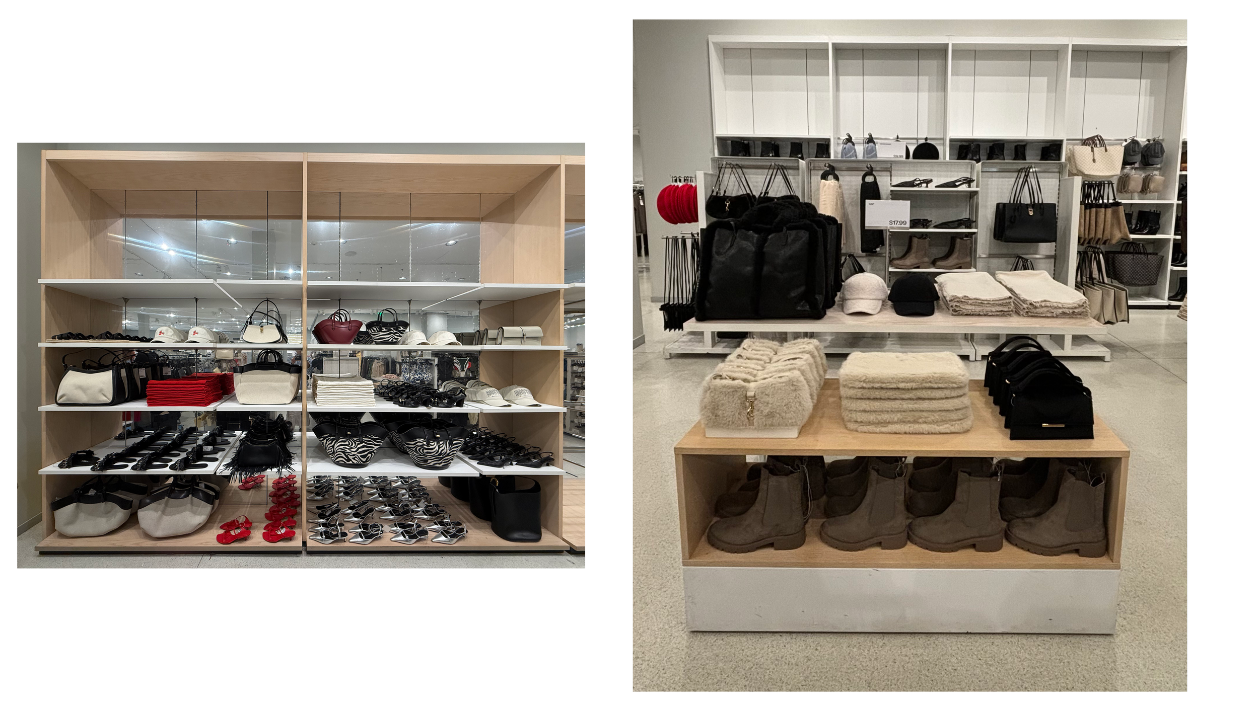  Accessories and footwear shelving  bags, shoes, hats, and boots organized by category and color to showcase merchandising and product-grouping skills. 