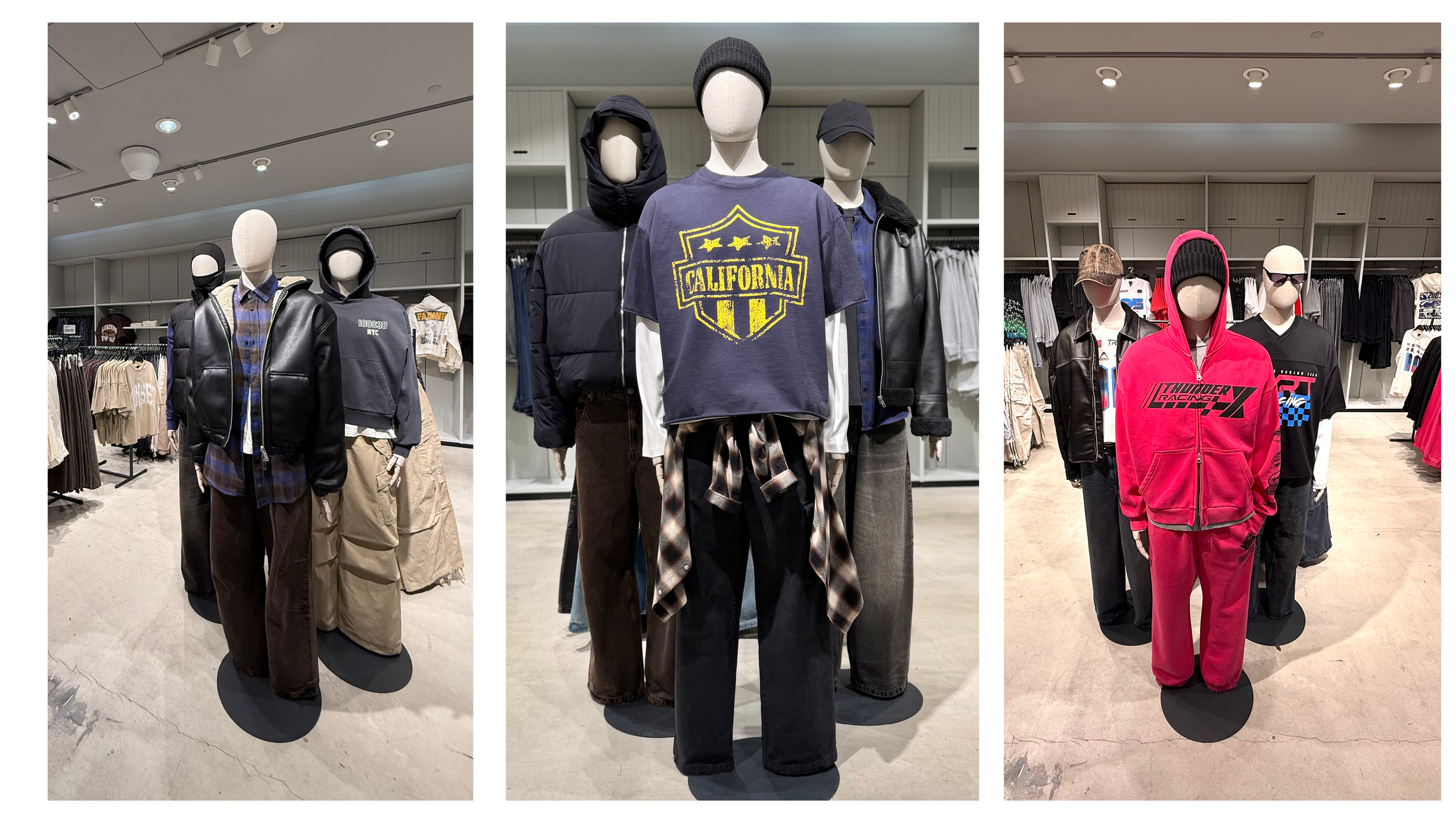  Directed trend placement and mannequin styling for this streetwear grouping,  layered graphics, outerwear, and utility silhouettes into cohesive youth-market looks. 