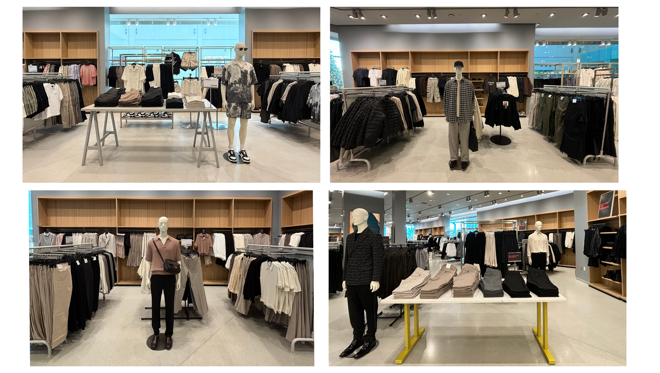 Directed trend placement, garment selection, and mannequin styling across four men's floor sets, coordinating neutral tonal palettes across racks, tables, and shelving. 