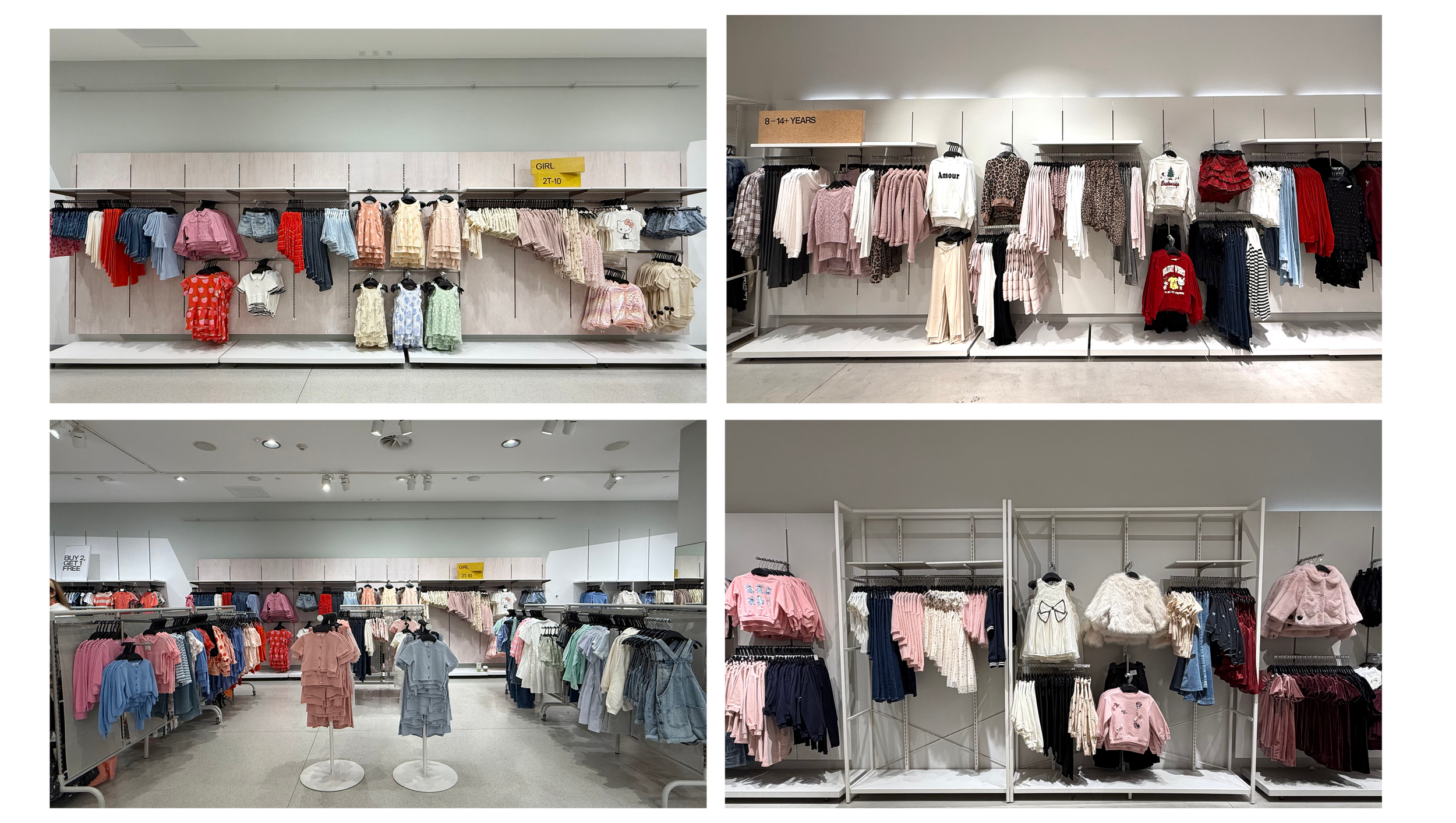  Kids' department wall merchandising and floor styling, organized by age range, seasonal trend, and color, with outfit pairing suggestions. 
