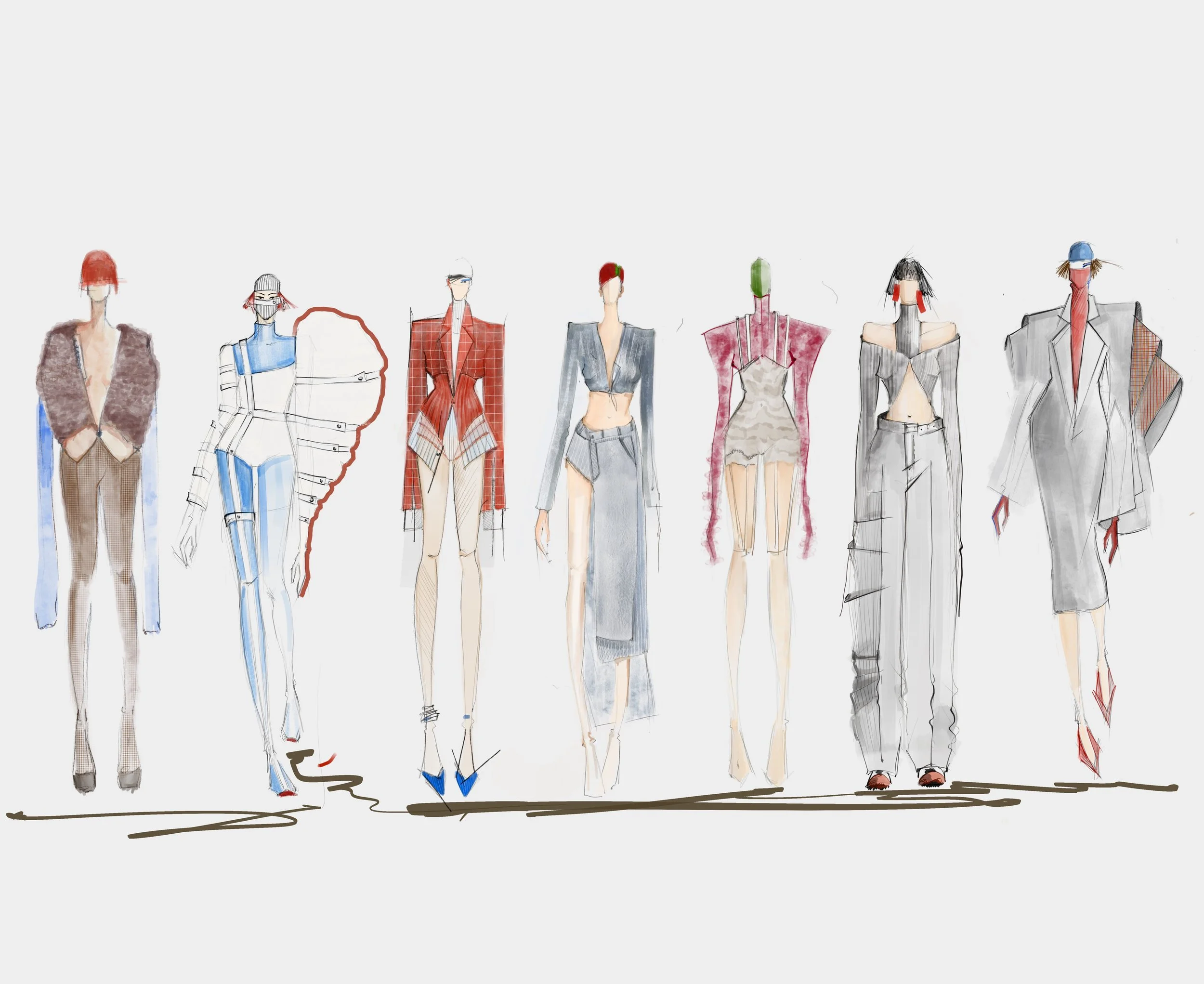  Fashion design croquis lineup — digital illustration, Procreate. 