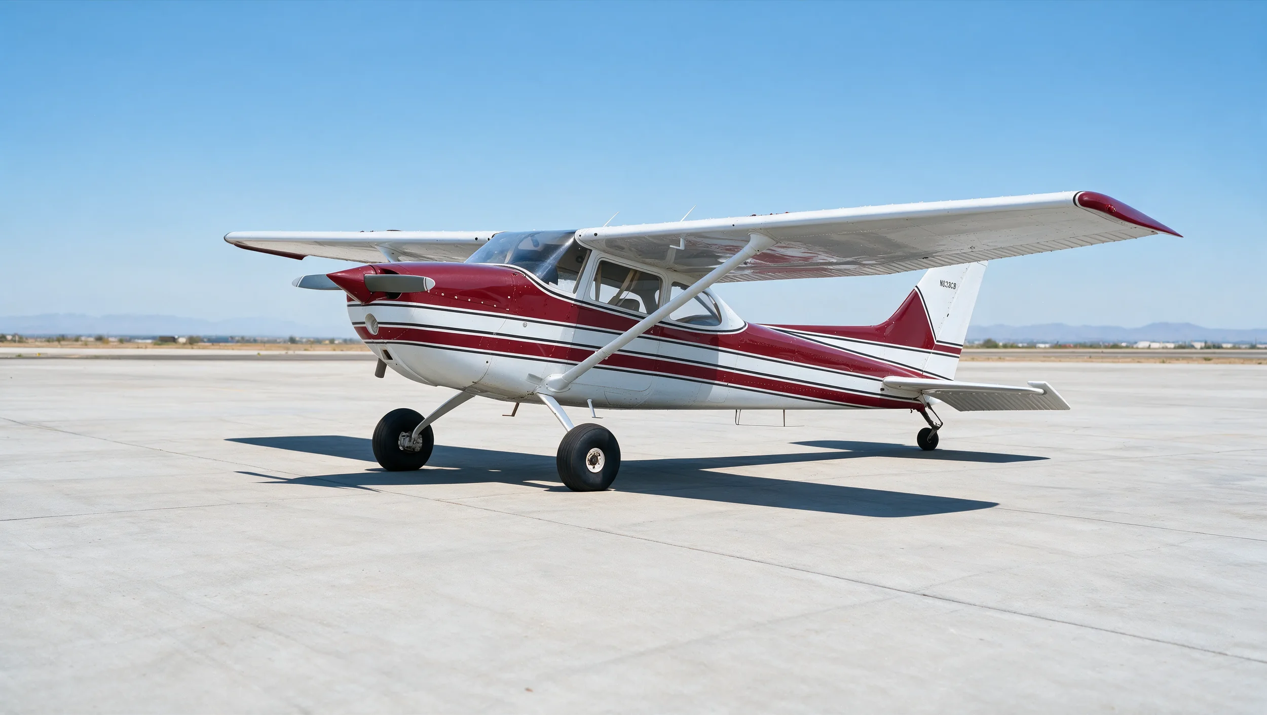 Small white and red propeller plane parked on a flat concrete surface at an airport, with a clear blue sky and distant mountains in the background.